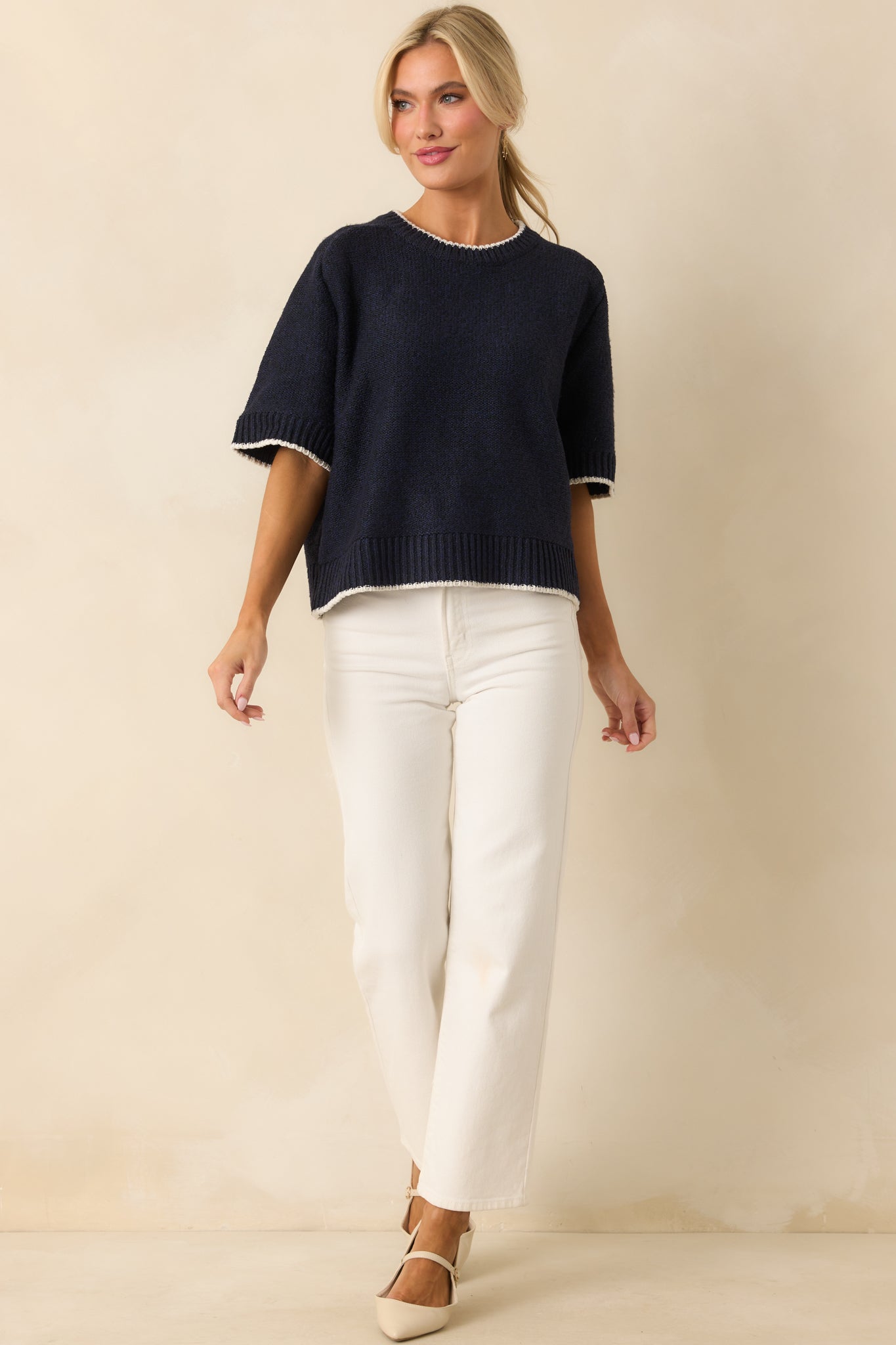 Navy Contrast Trim Short Sleeve Sweater - All Tops | Red Dress