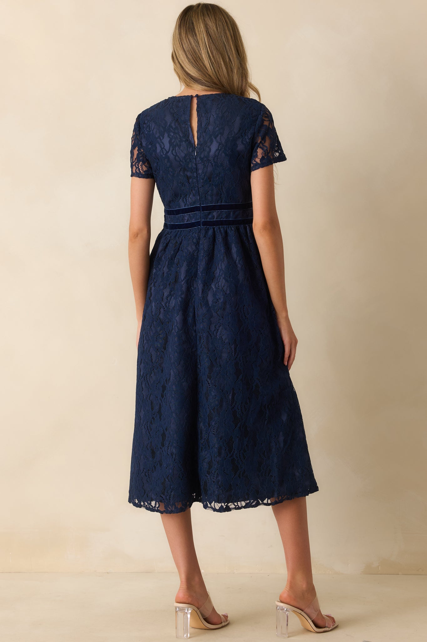 Short Sleeve Navy Lace Midi Dress - Women's Event Dresses | Red Dress