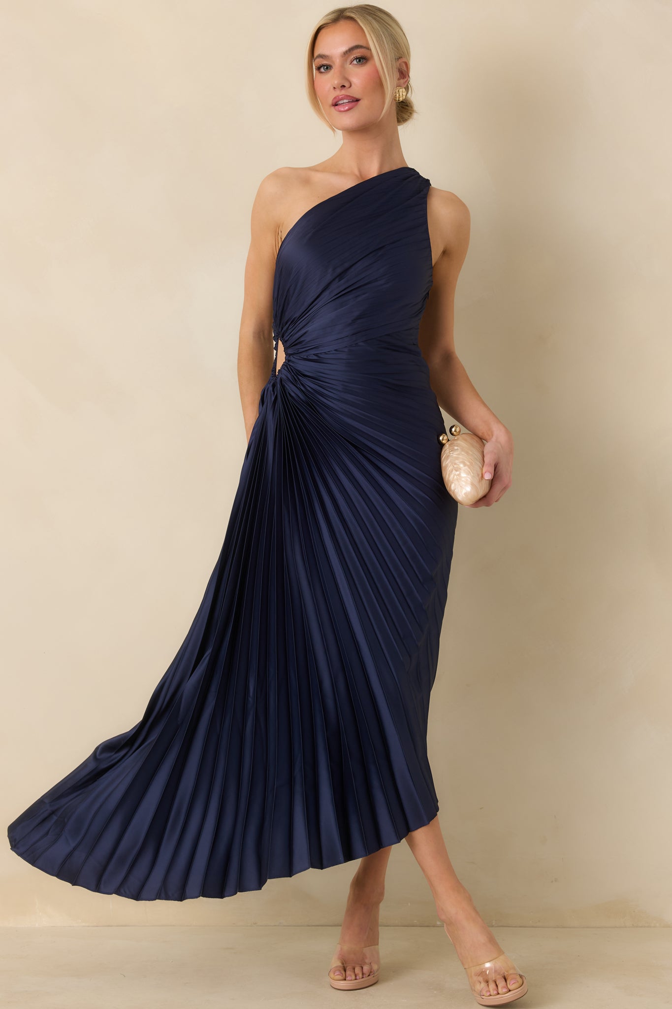 navy blue one shoulder dress Women's Poetic Charm Navy Blue Asymmetric One Shoulder Maxi Dress | Size: S