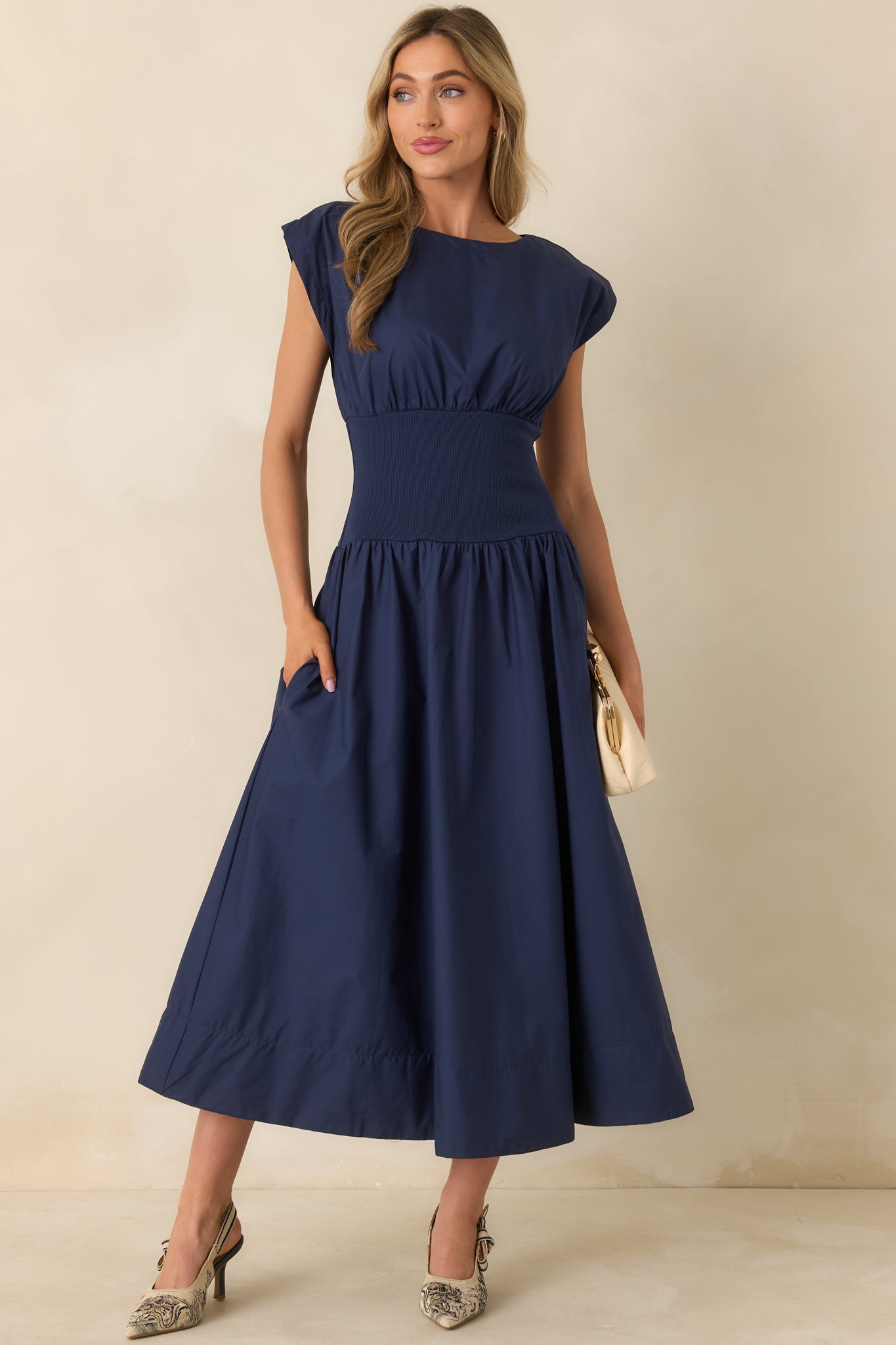 All My Devotion Navy Blue Cotton Boatneck Midi Dress All My Devotion Navy Blue Cotton Boatneck Midi Dress