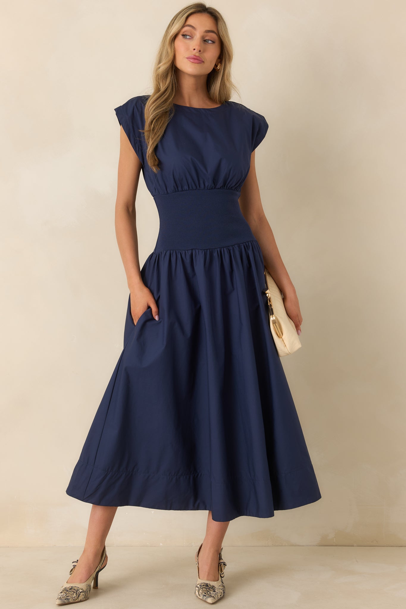 All My Devotion Navy Blue Cotton Boatneck Midi Dress All My Devotion Navy Blue Cotton Boatneck Midi Dress