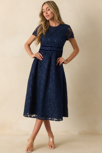 Short Sleeve Navy Lace Midi Dress - Women's Event Dresses