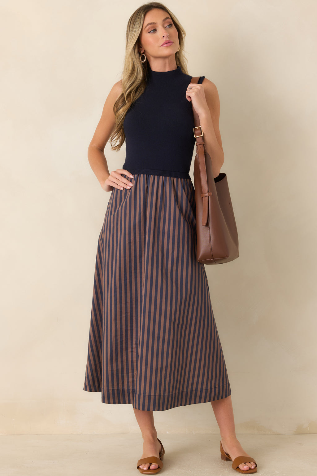 That's More Like It Navy & Tan Stripe Sweater Midi Dress