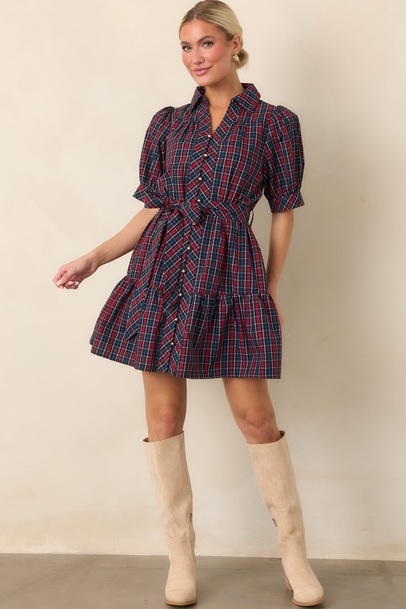 Glad We Made Plans Navy & Red Plaid Cotton Mini Dress | Entro