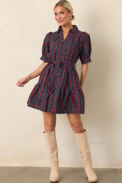 Glad We Made Plans Navy & Red Plaid Cotton Mini Dress | Entro