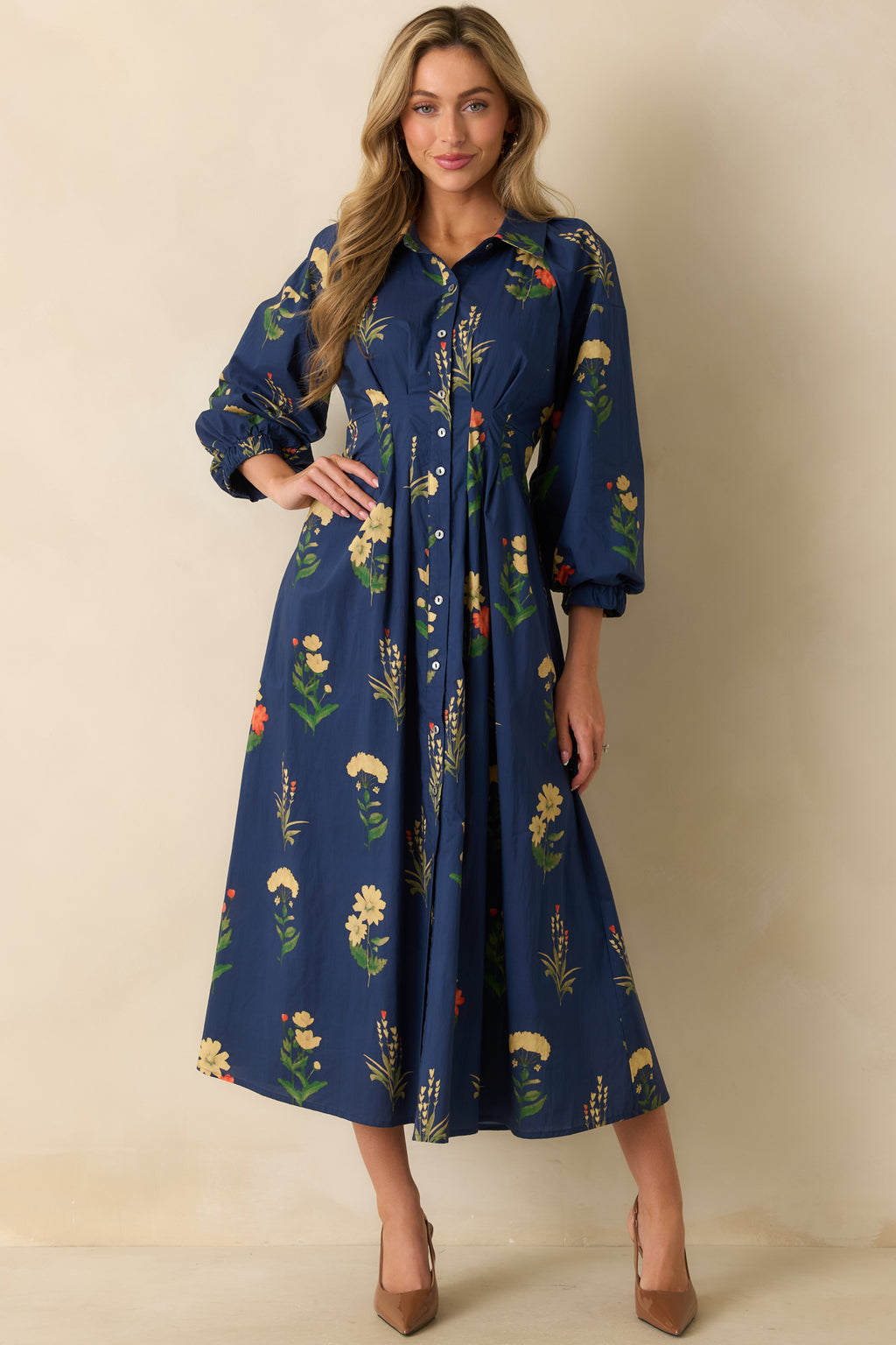 Navy Multi Floral Print Cotton Button Front Maxi Dress - Women's Dresses |  Red Dress
