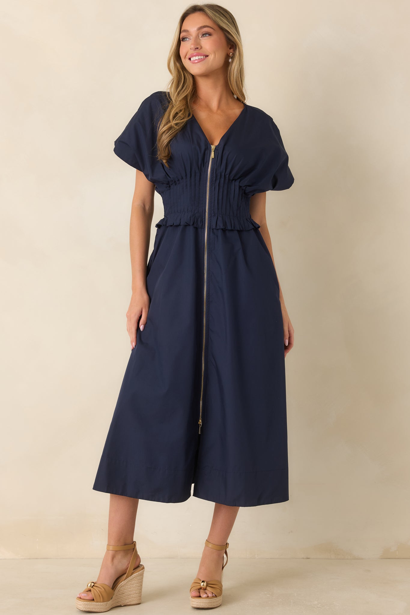 Navy woven maxi dress with a flattering neckline, zip front, and easy everyday fit.