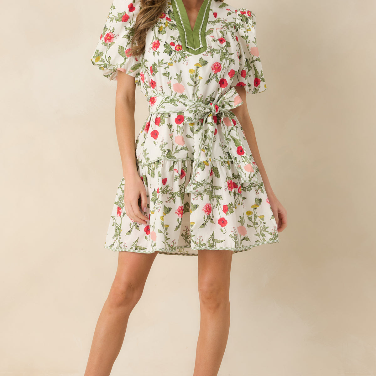 olive floral renee ruffle mini dress Women's Taking A Chance Olive Green Floral Print Cotton Puff Sleeve Mini Dress | Size: L