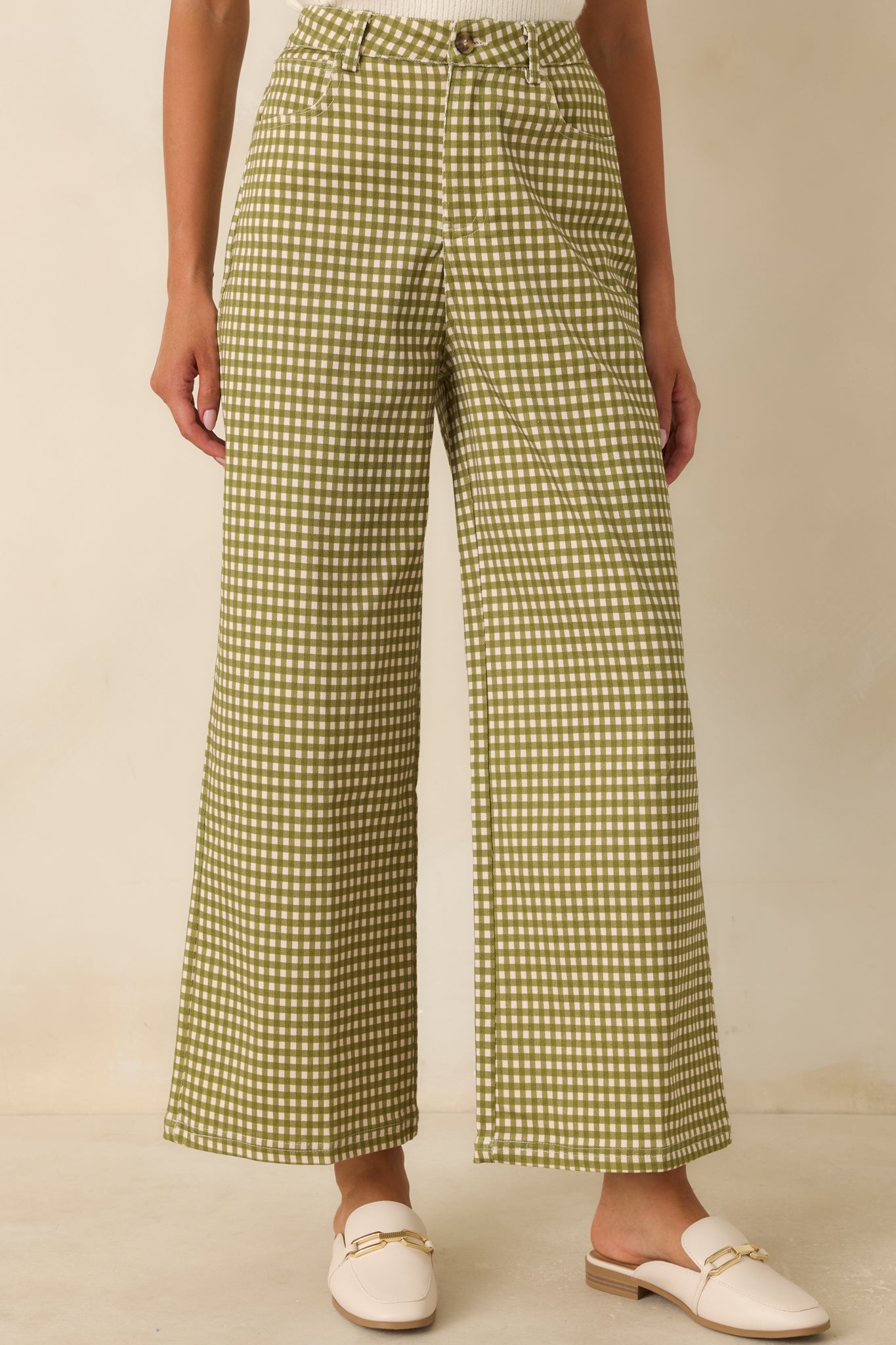 Olive and ivory gingham pattern highlights the soft stretch cotton blend fabric of these wide leg pants.