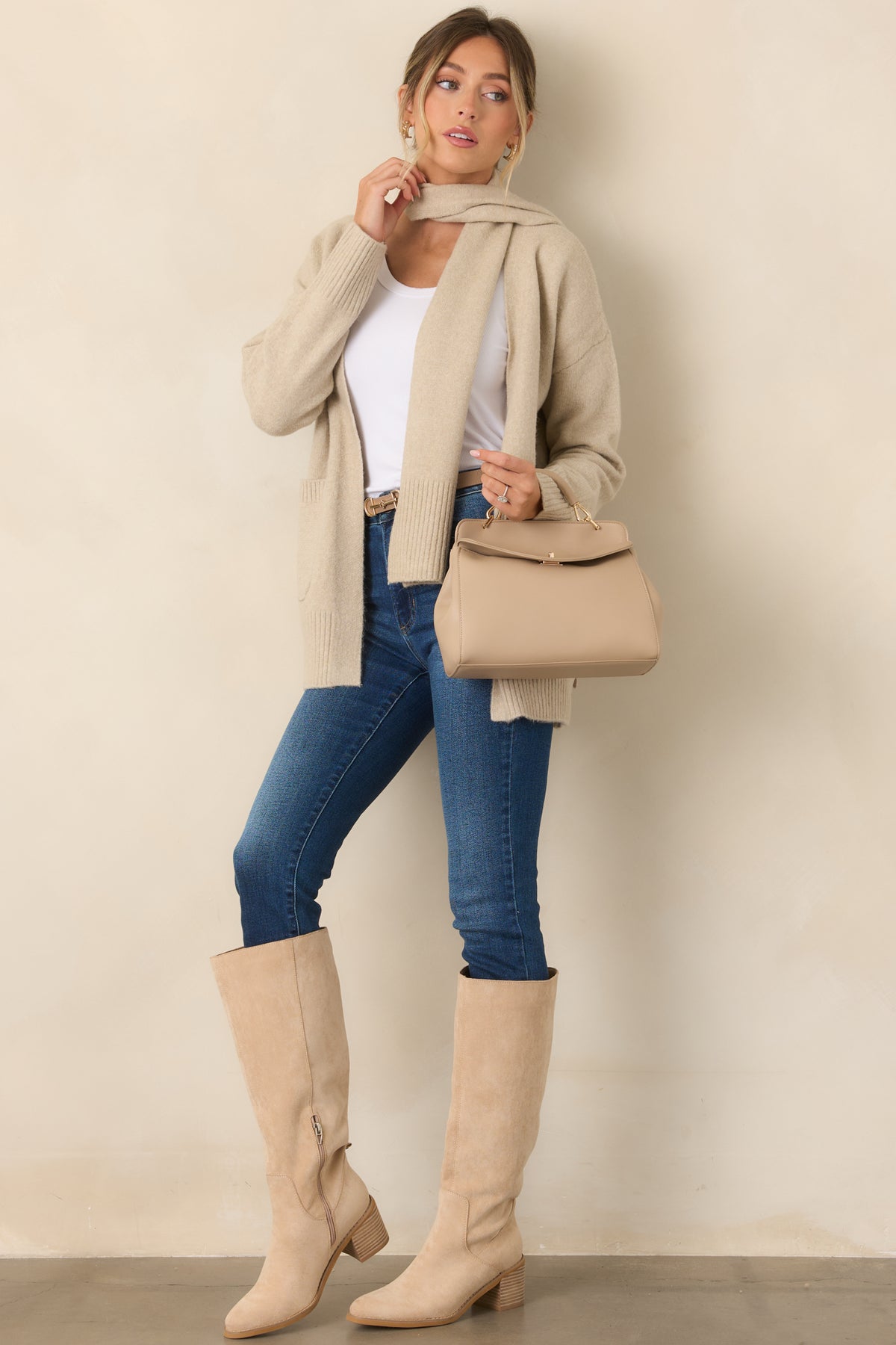 Open-front cardigan with roomy patch pockets, dropped shoulders, and a softly textured matching scarf.