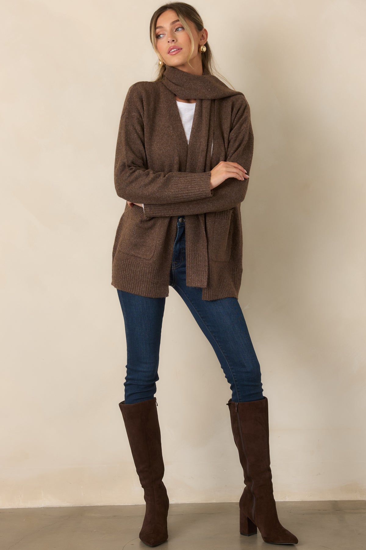 Easygoing cardigan with a clean open front, practical pockets, and textured ribbed edging.
