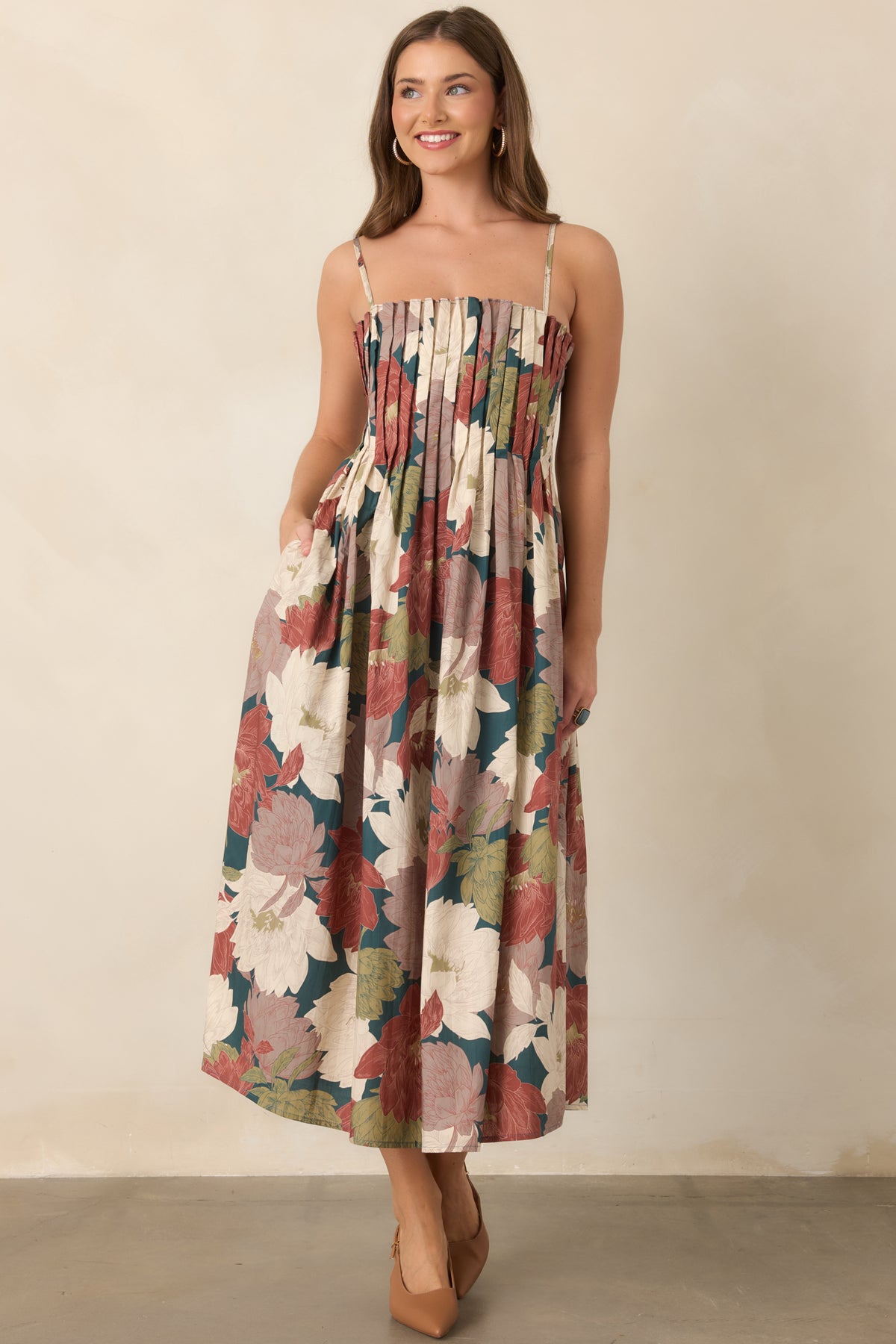 Oversized floral print dress with a fitted waist, flowing A-line skirt, and side pockets.