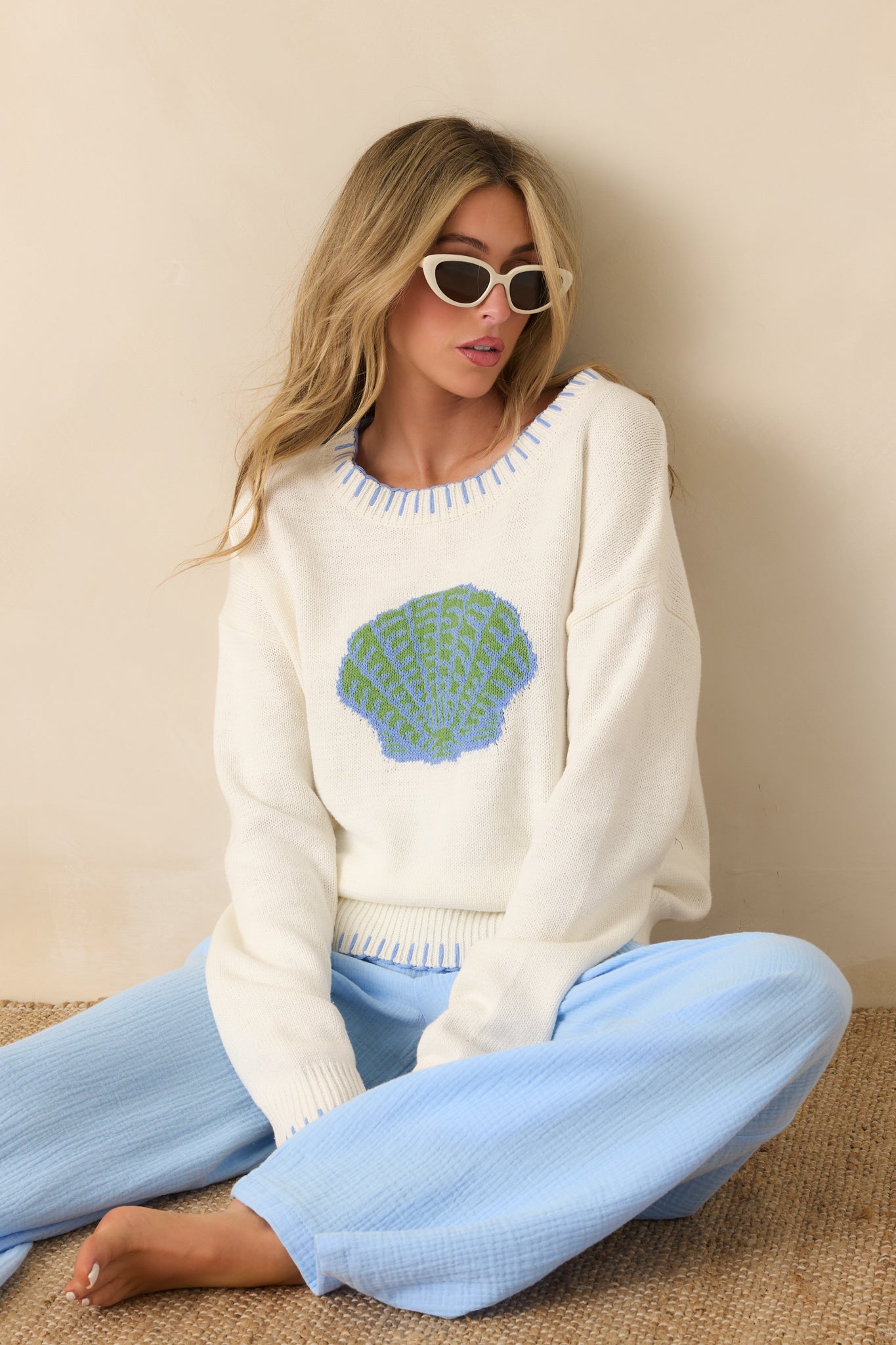 Paradisa Shell Island White Knit Sweater | Red Dress