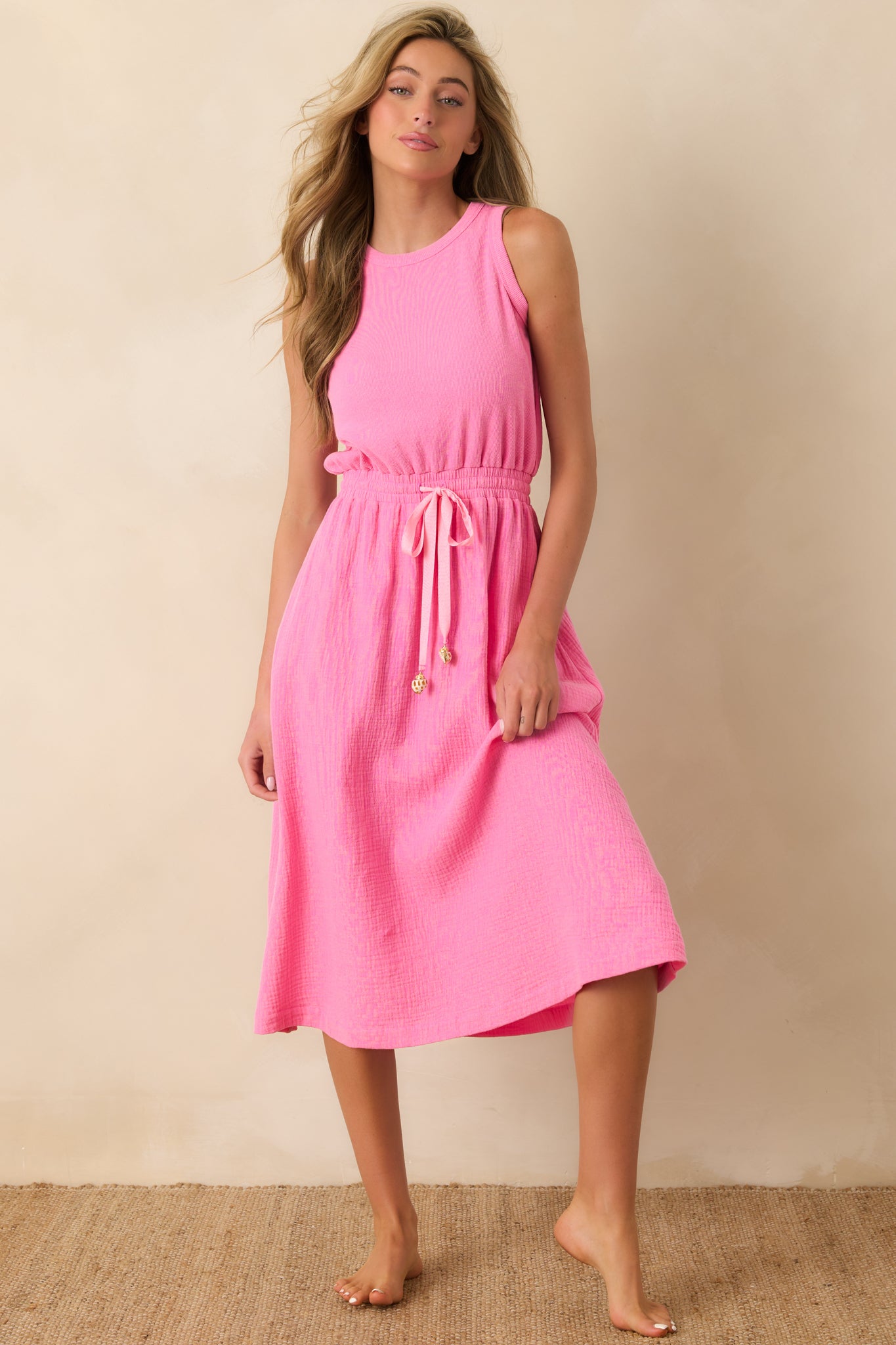 Paradisa Bonita Pink Cotton Sleeveless Midi Dress