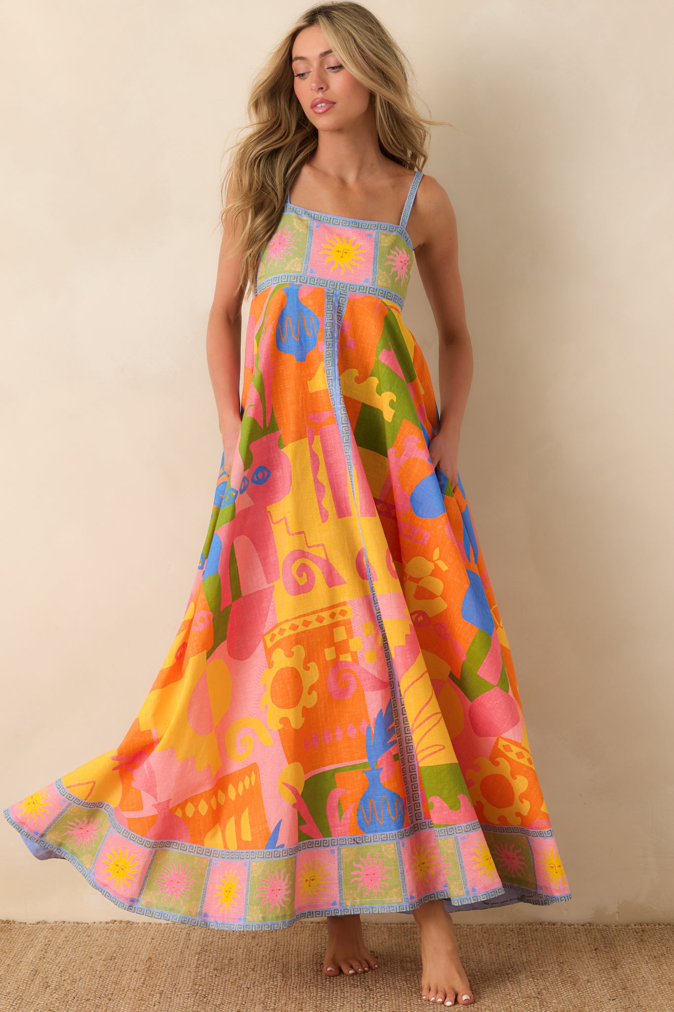 orange color maxi dress Women's Atlantis Orange Multi Cotton Abstract Print Maxi Dress | Size: S