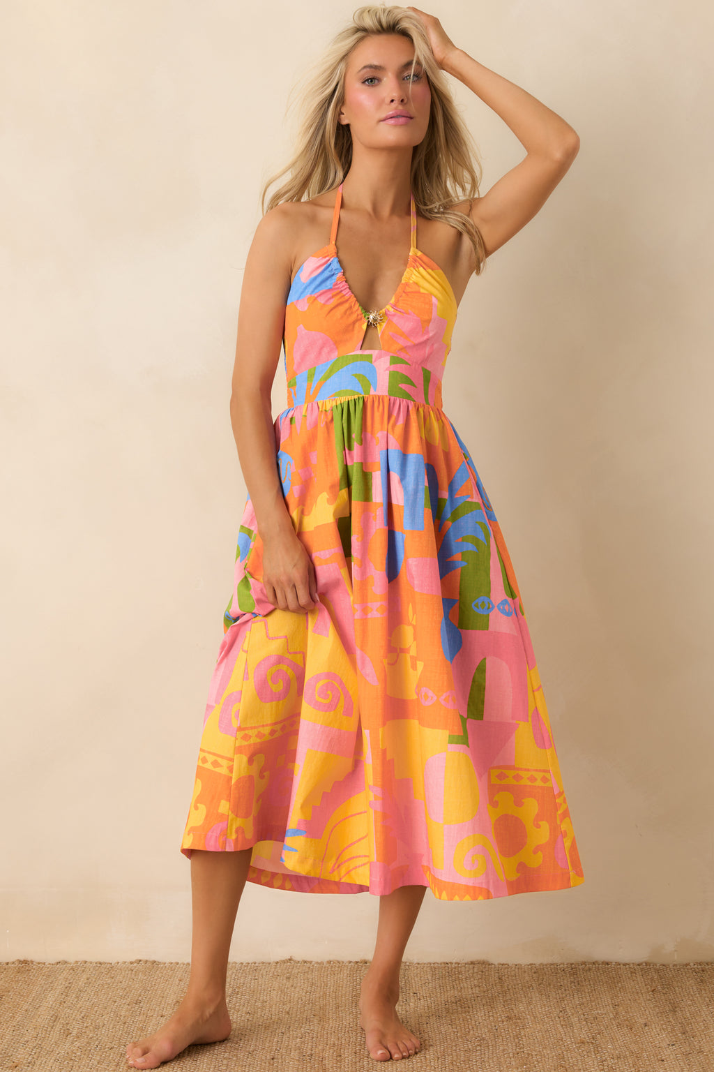Women's Paradisa Maldives Orange Multi Cotton Abstract Print Midi Dress | Size: L