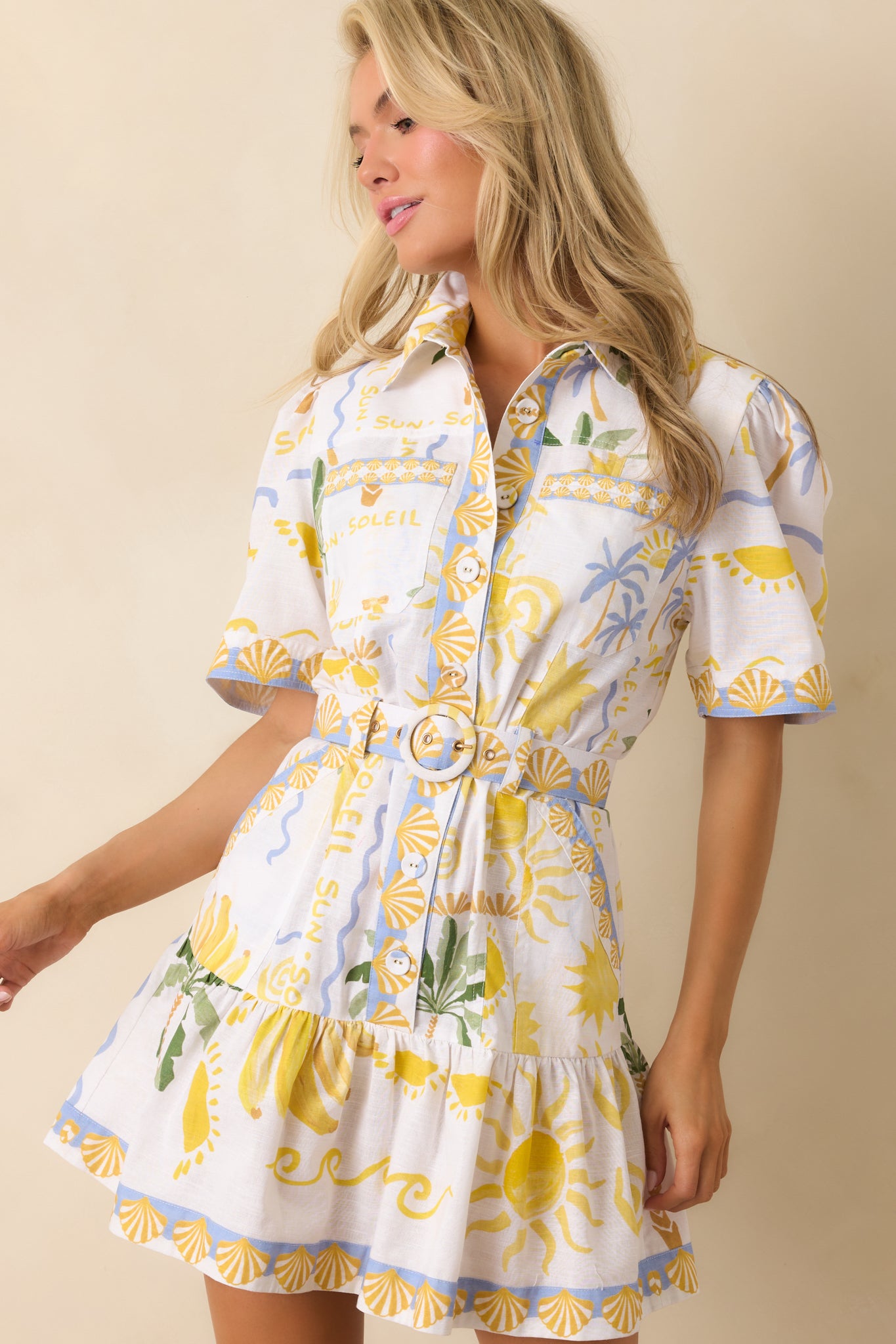 Close view of button-front bodice with tailored collar detail.