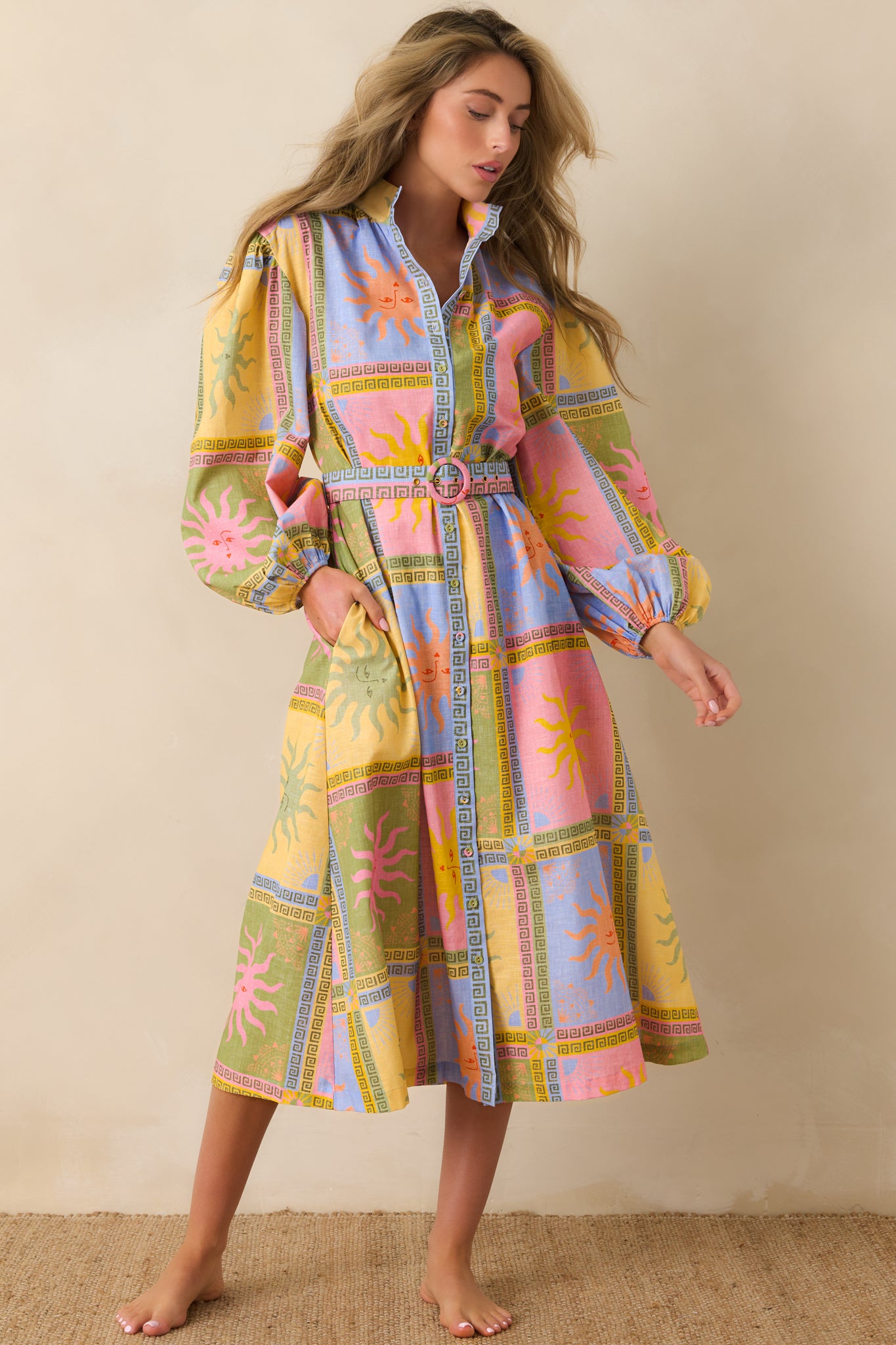 linen midi summer dresses Women's Anna Maria Multi Sun Print Linen Blend Midi Dress | Size: Xs