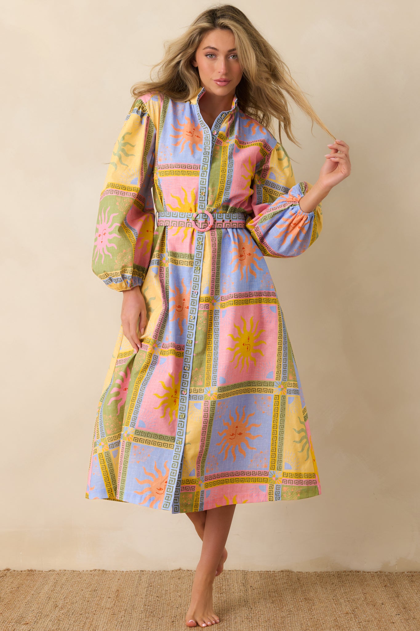 Paradisa Anna Maria Multi Sun Print Linen Blend Midi Dress | Red Dress Paradisa Anna Maria Multi Sun Print Linen Blend Midi Dress | Red Dress