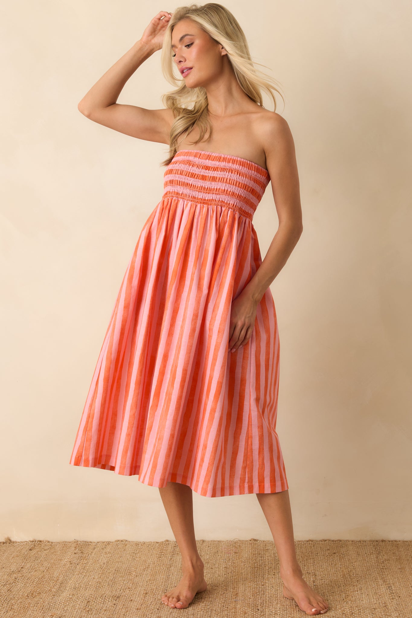 convertible dress Women's Siesta Key Pink & Orange Stripe Linen Blend Convertible Dress | Size: M