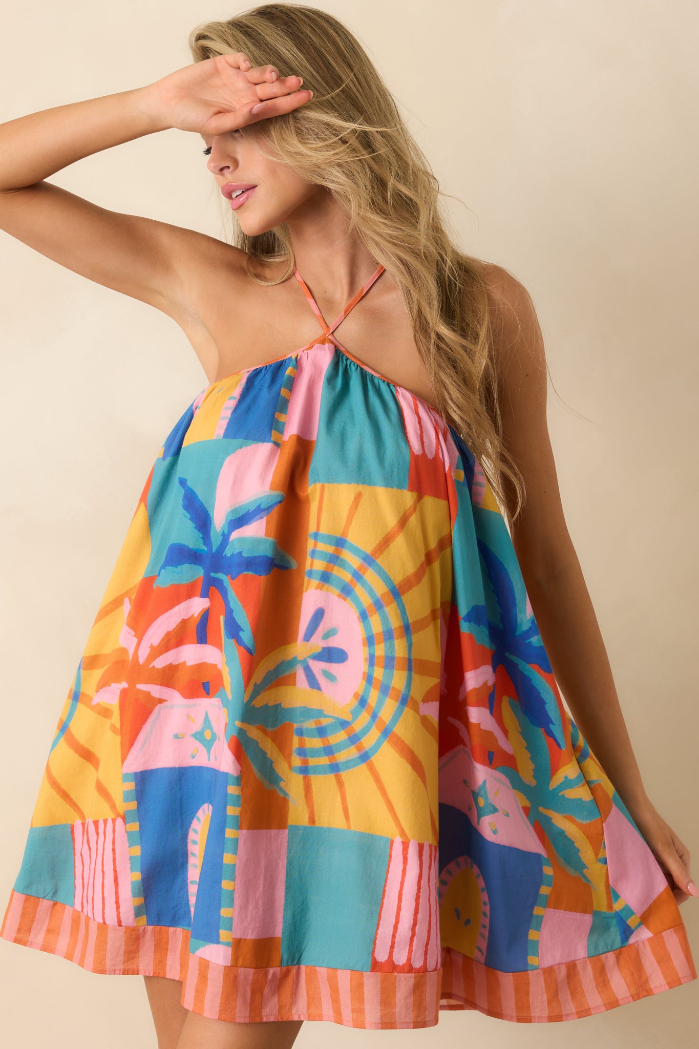 Women's Ithica Multi Tropical Mosaic Cotton Halter Swing Mini Dress | Size: L