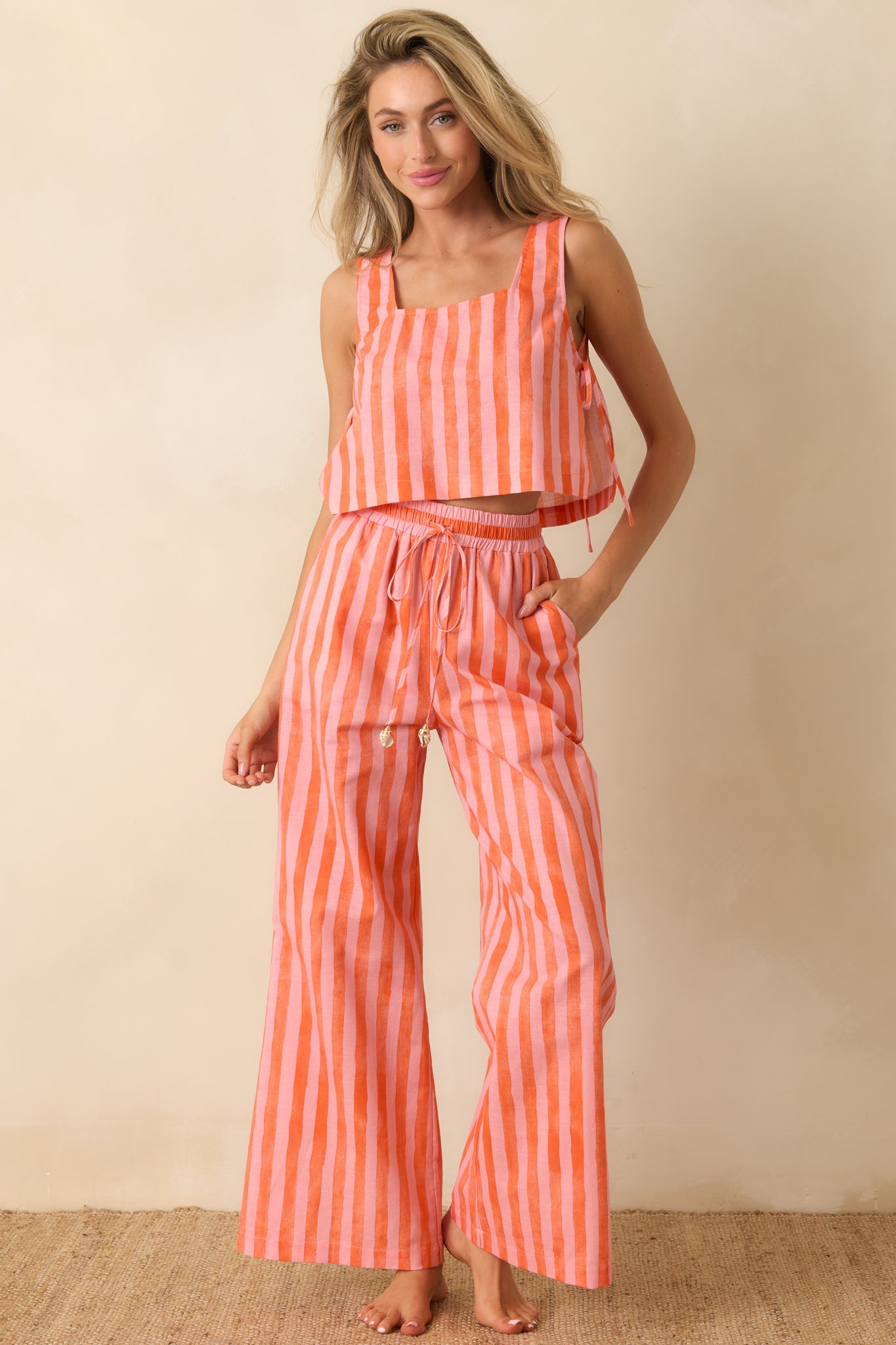 Paradisa Gulf Coast Pink & Orange Stripe Linen Blend Pants | Red Dress