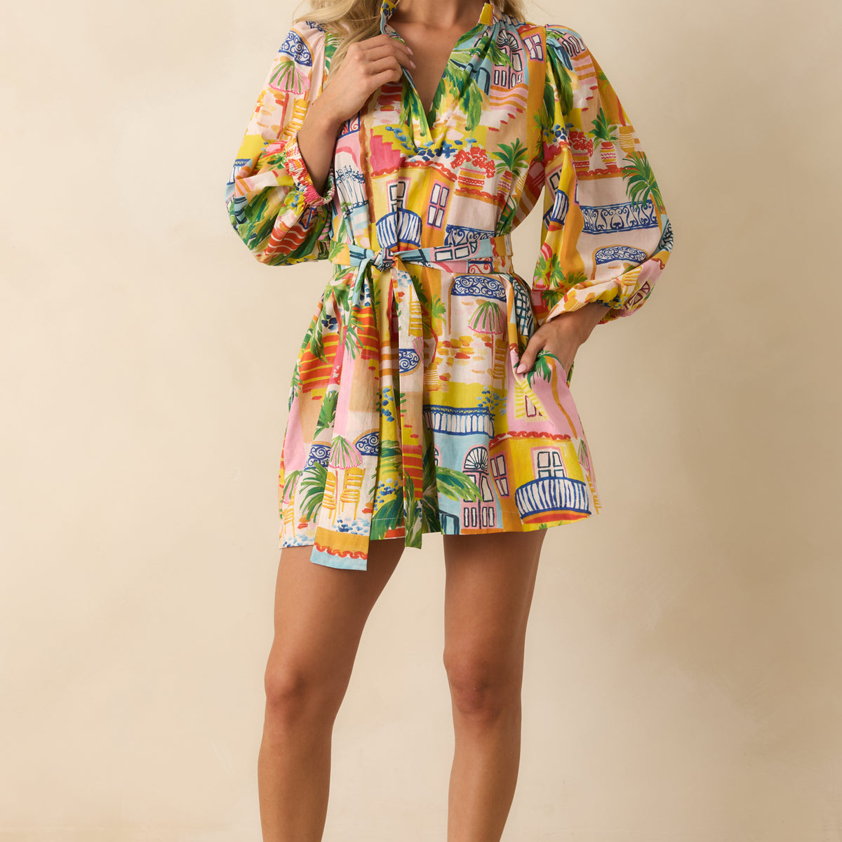 Paradisa Conch Key Coastal Village Print Cotton Mini Dress | Red Dress