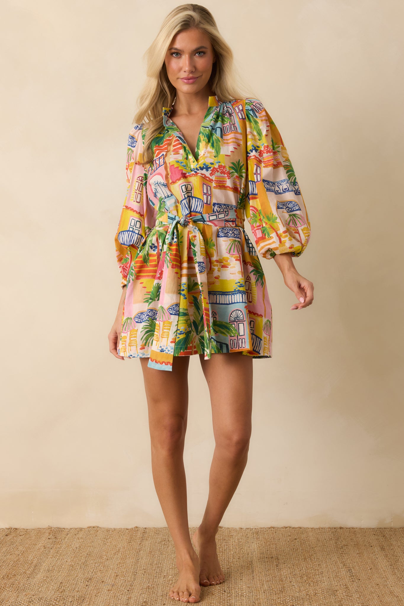 Paradisa Conch Key Coastal Village Print Cotton Mini Dress | Red Dress