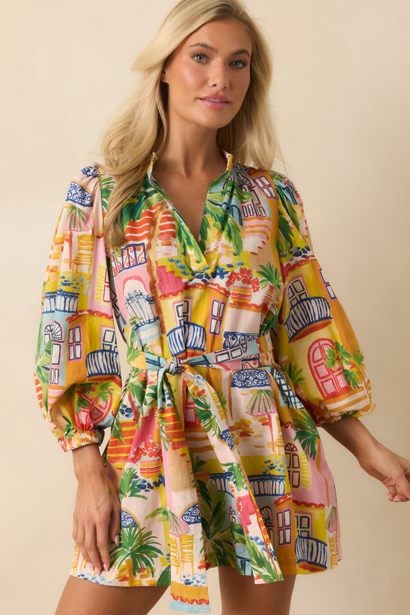 Paradisa Conch Key Coastal Village Print Cotton Mini Dress | Red Dress