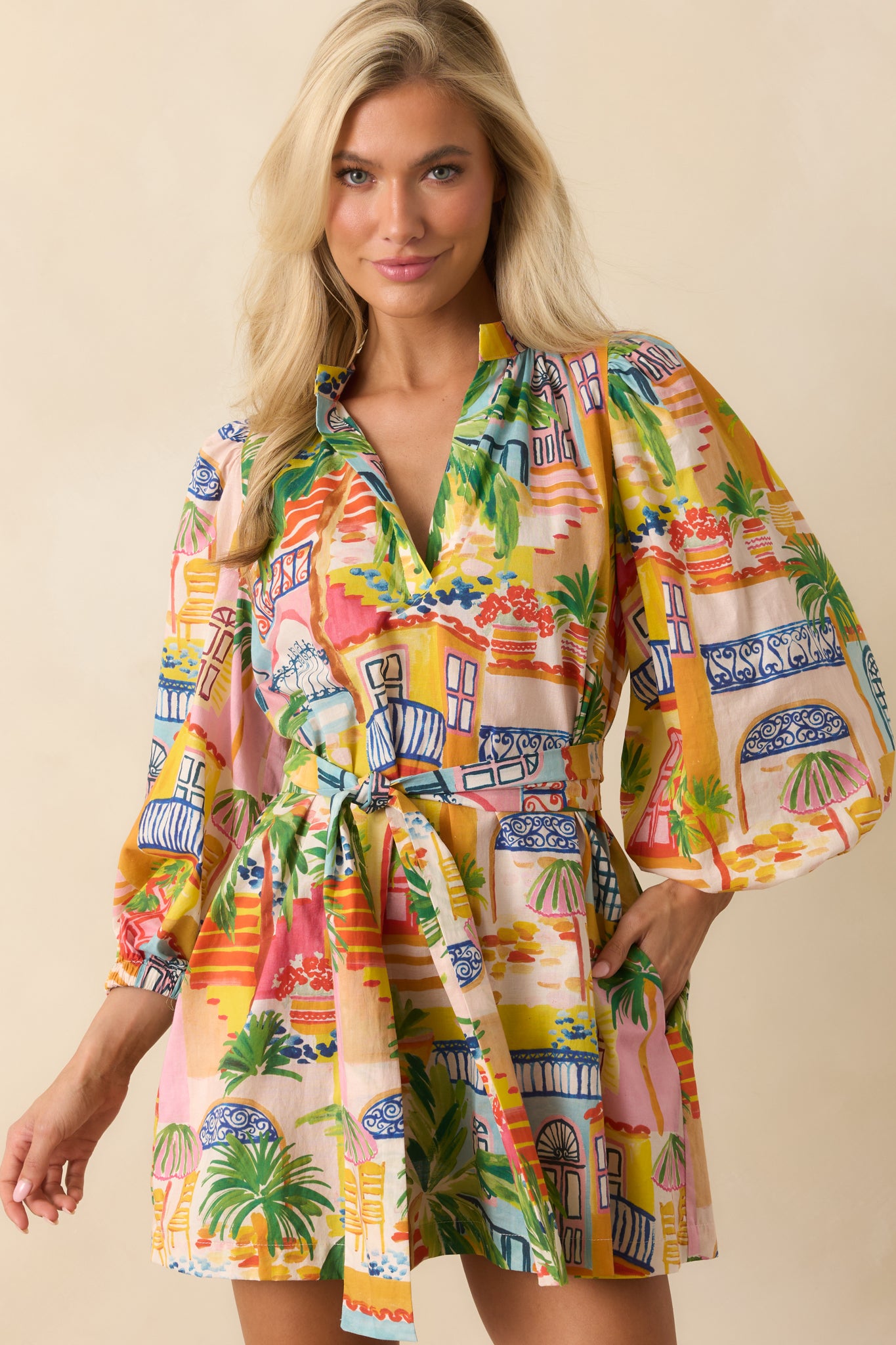 pastime paradise mini dress Women's Conch Key Multi Coastal Village Print Cotton Mini Dress | Size: L