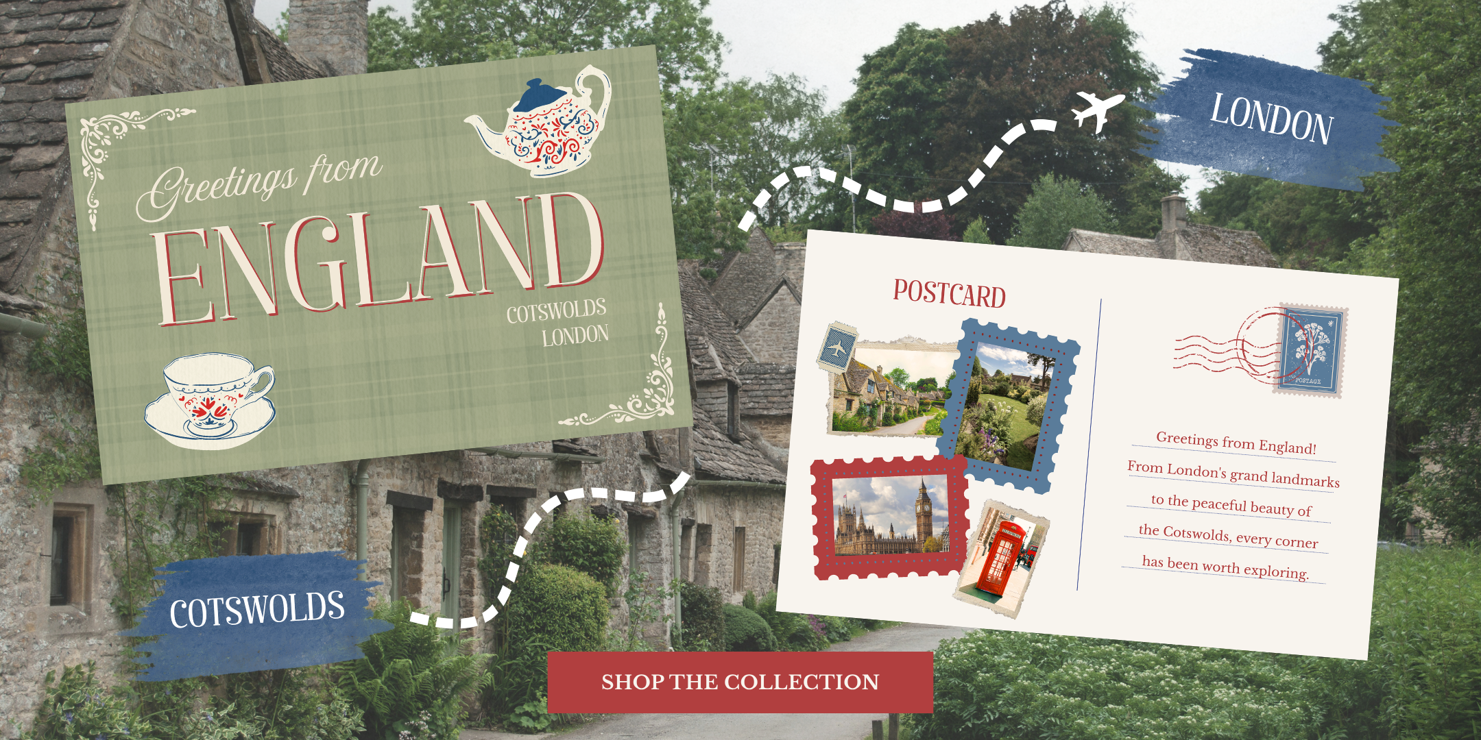 Backdrop of England with postcards and text overlay. 