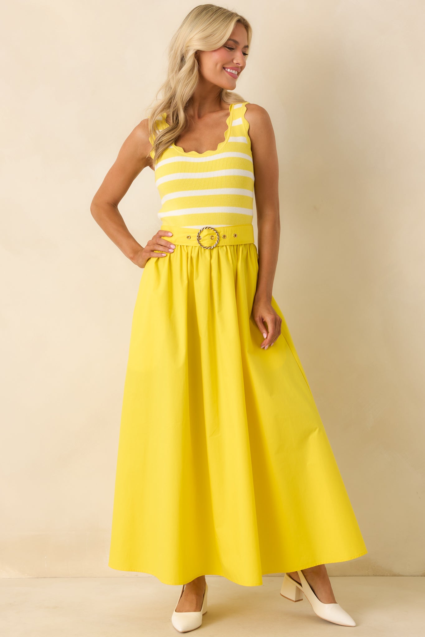 Prosperina Greer Sunshine Yellow Stripe Cotton Midi Dress Prosperina Greer Sunshine Yellow Stripe Cotton Midi Dress