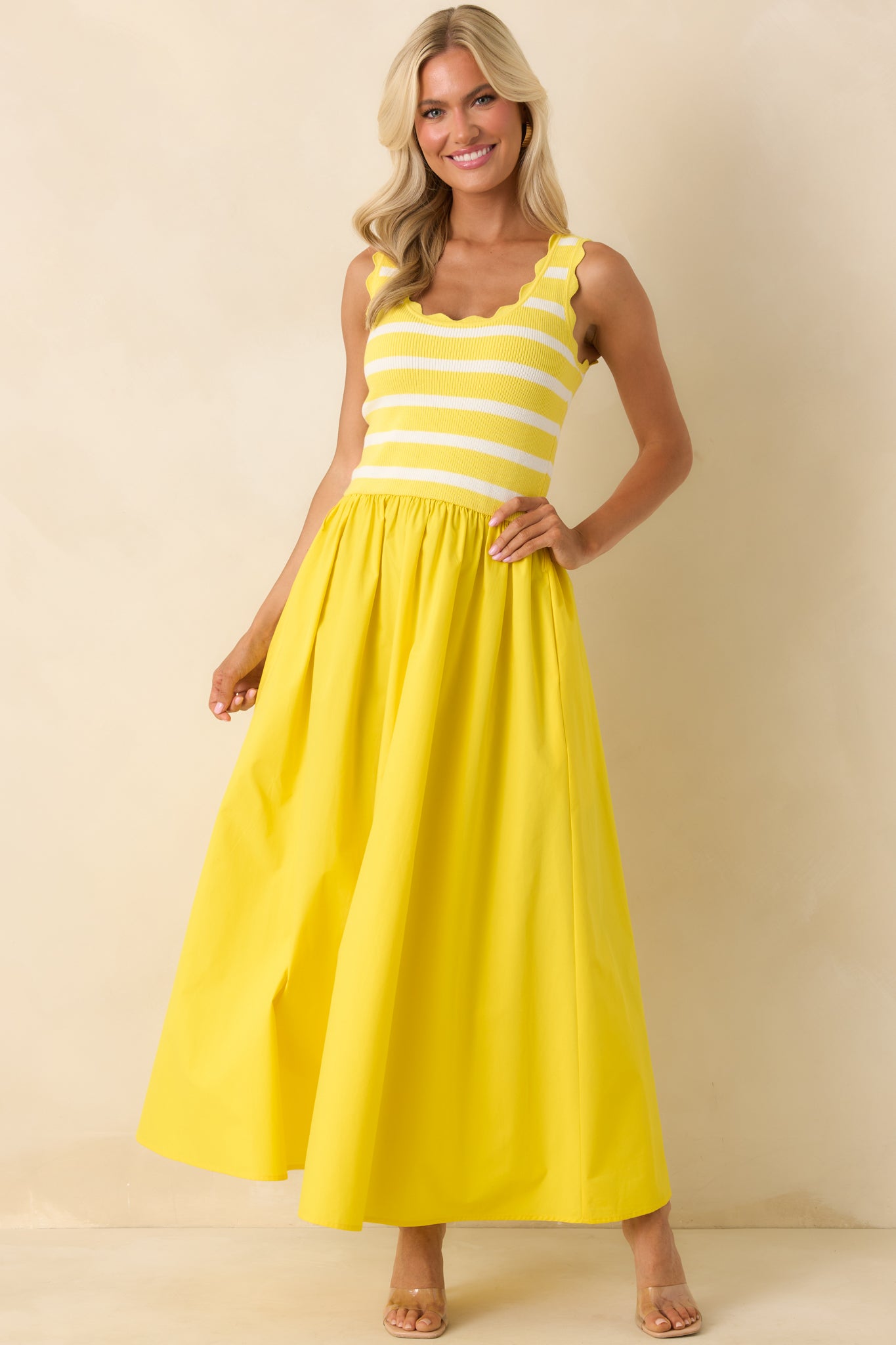 Prosperina Greer Sunshine Yellow Stripe Cotton Midi Dress Prosperina Greer Sunshine Yellow Stripe Cotton Midi Dress