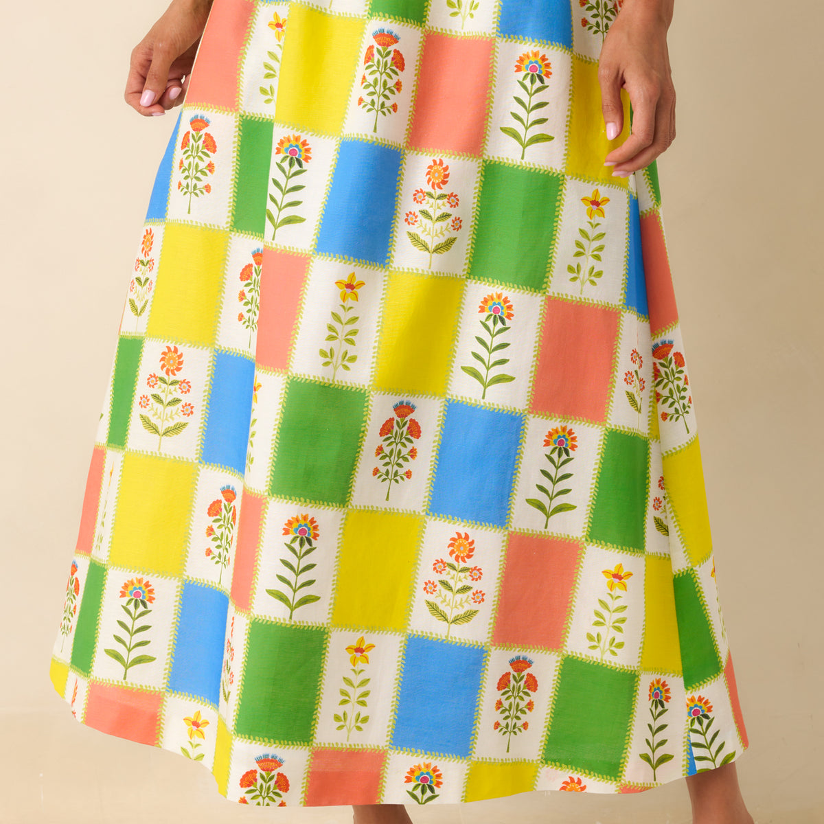 Prosperina Maddie Floral Patchwork Linen Blend Maxi Skirt | Red Dress