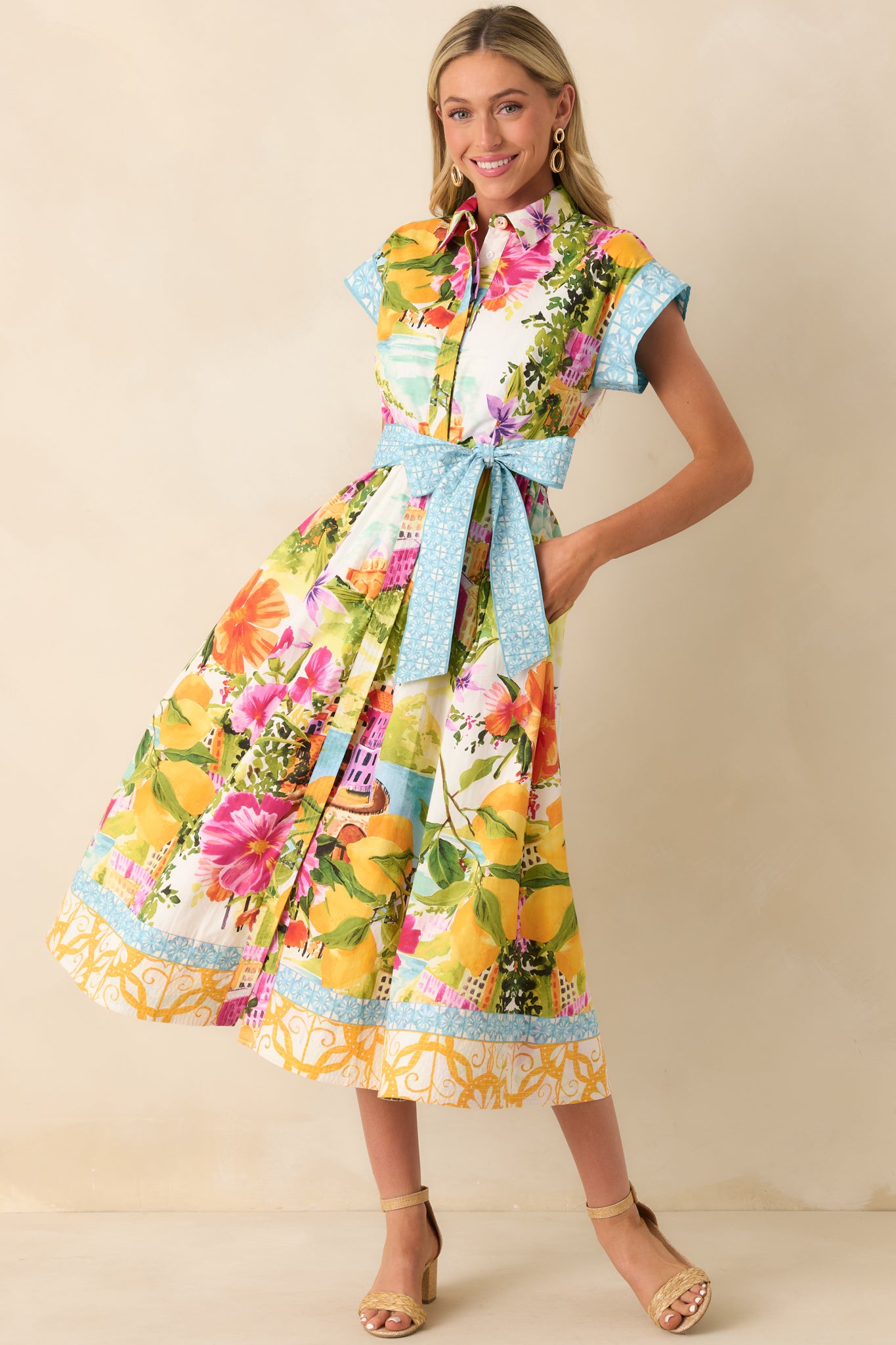 chinese dress ladies Prosperina Savannah Linen Blend Coastal Print Midi Dress