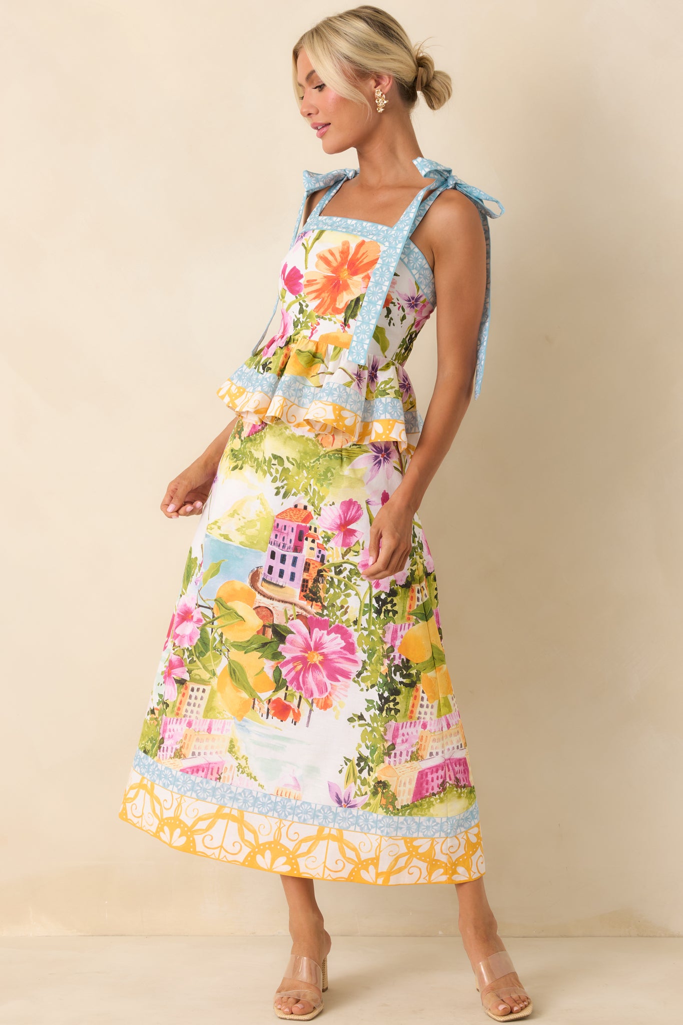 Front angle showcasing colorful seaside-inspired print and lightweight linen blend fabric.