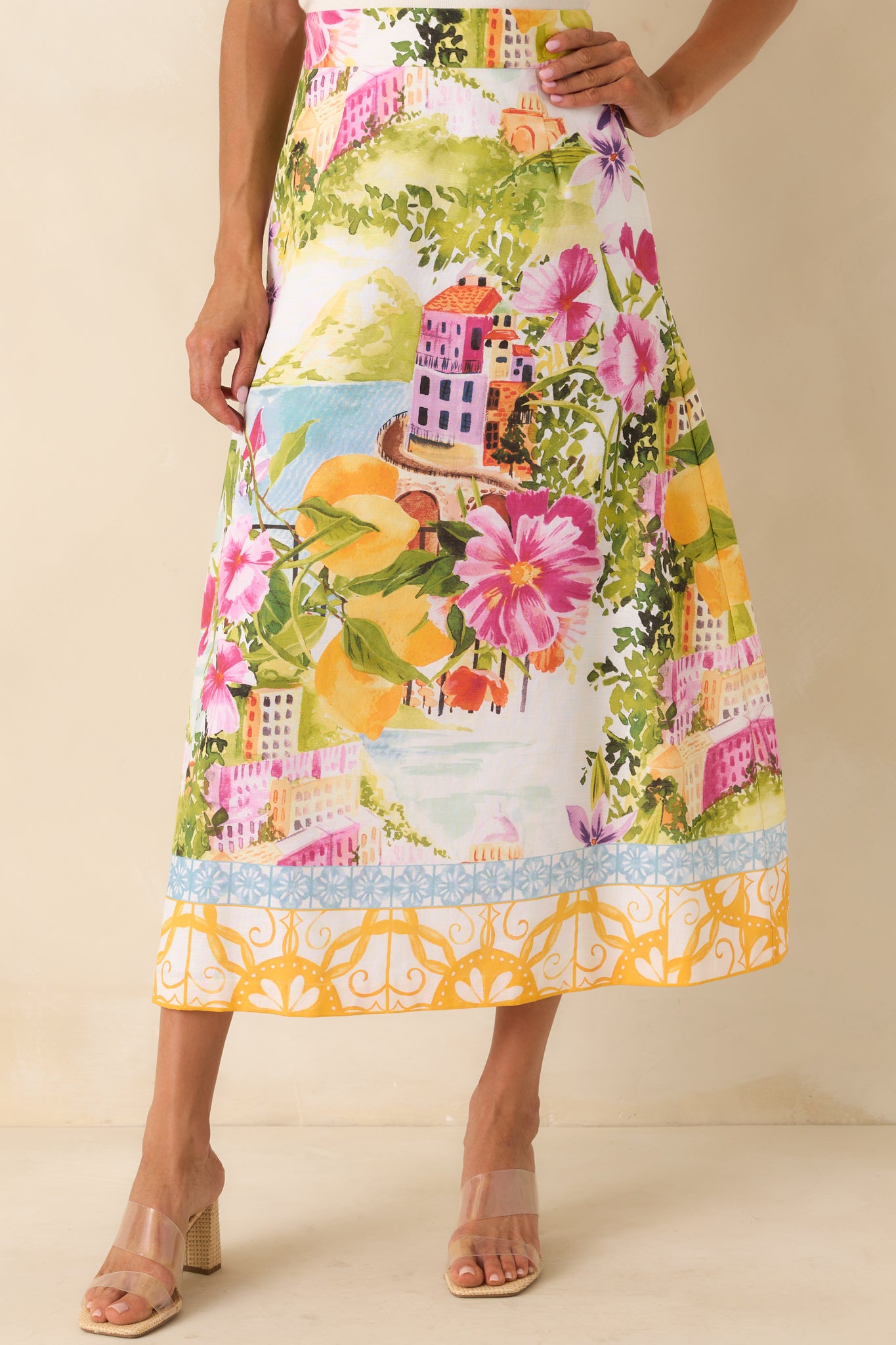 Close view of high-rise waistband with soft structure and clean A-line shaping.