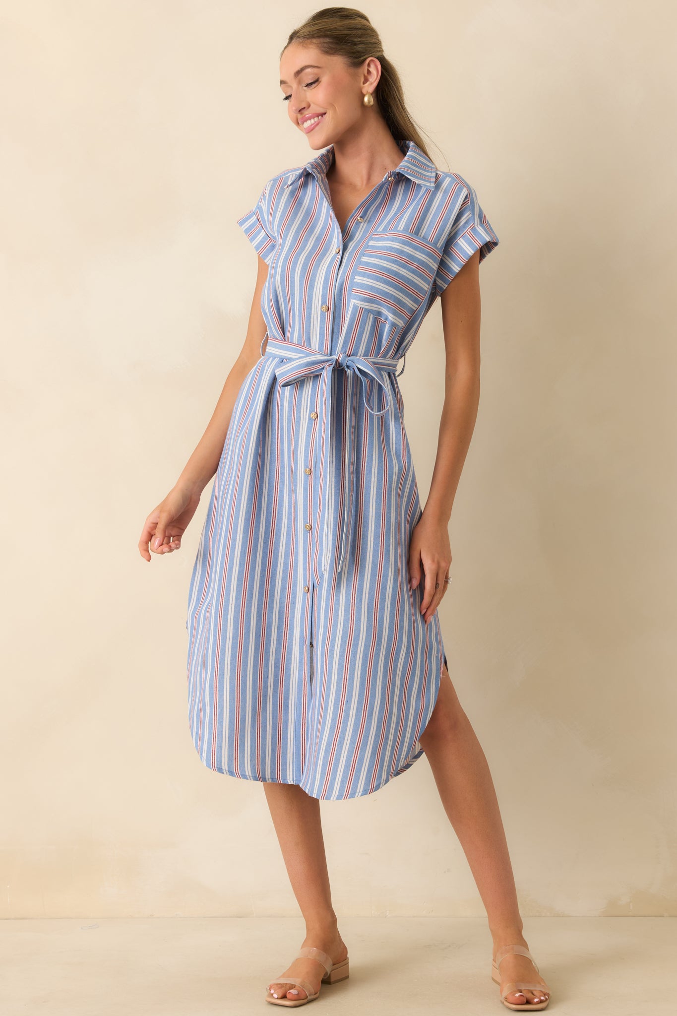 Striped cotton blend midi dress with a classic collar, chest pocket, gold-tone buttons, and a flattering self-tie waist.