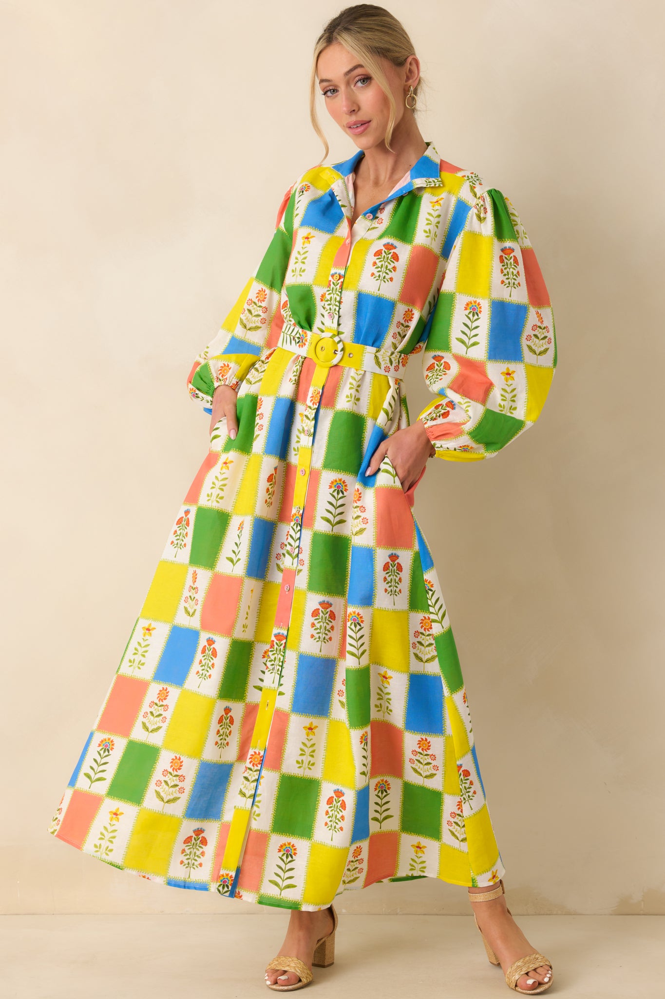 Full-length linen-cotton maxi dress featuring a structured collared neckline, full button-front design, and a flowing skirt that moves with ease for an elegant silhouette.