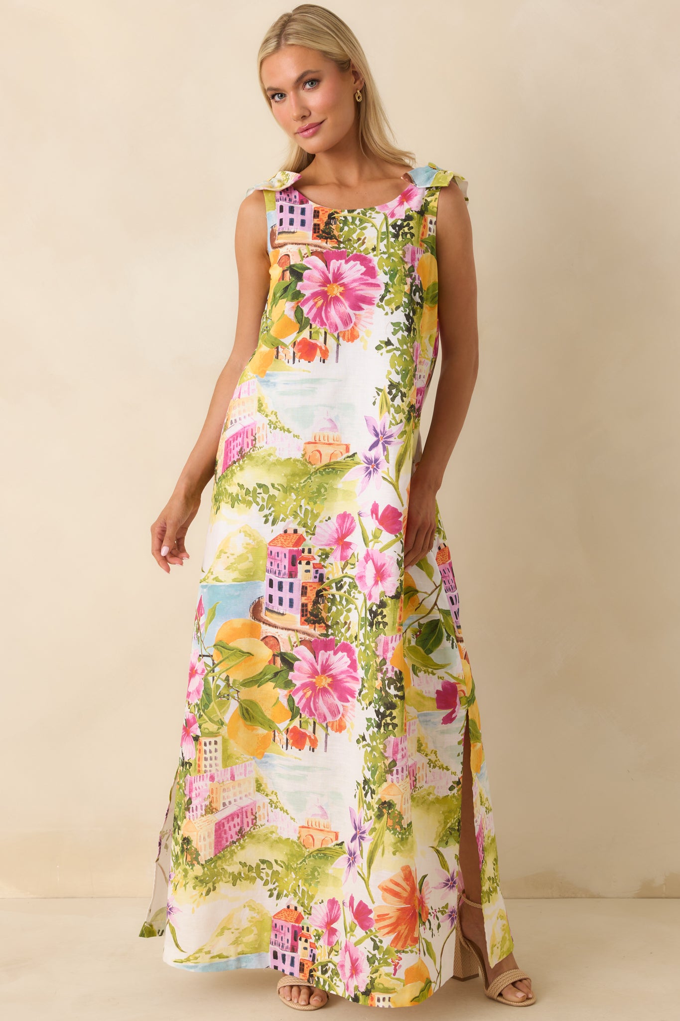 Vibrant seaside print maxi dress with relaxed shape and lightweight feel.
