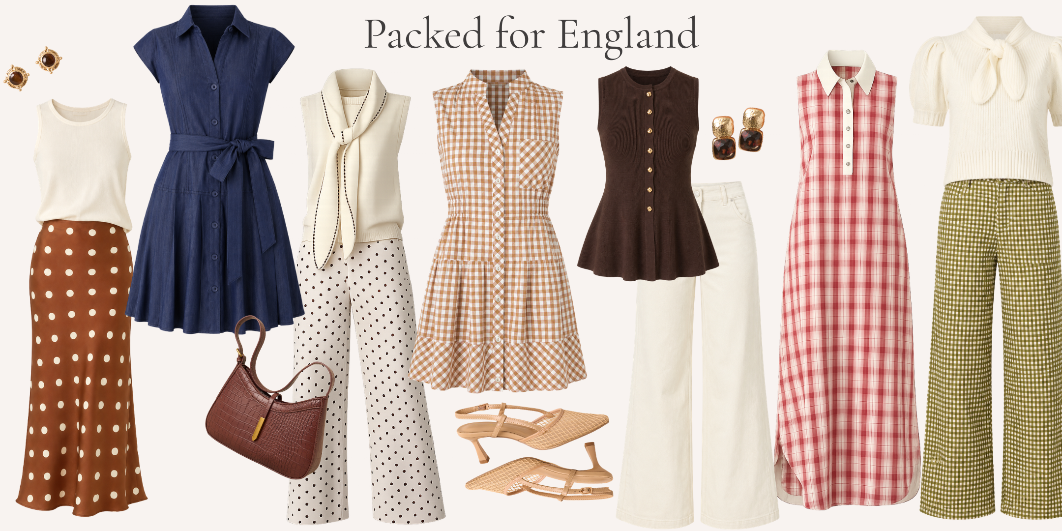 Display of several cutout outfits with a text overlay of "Packed for England".