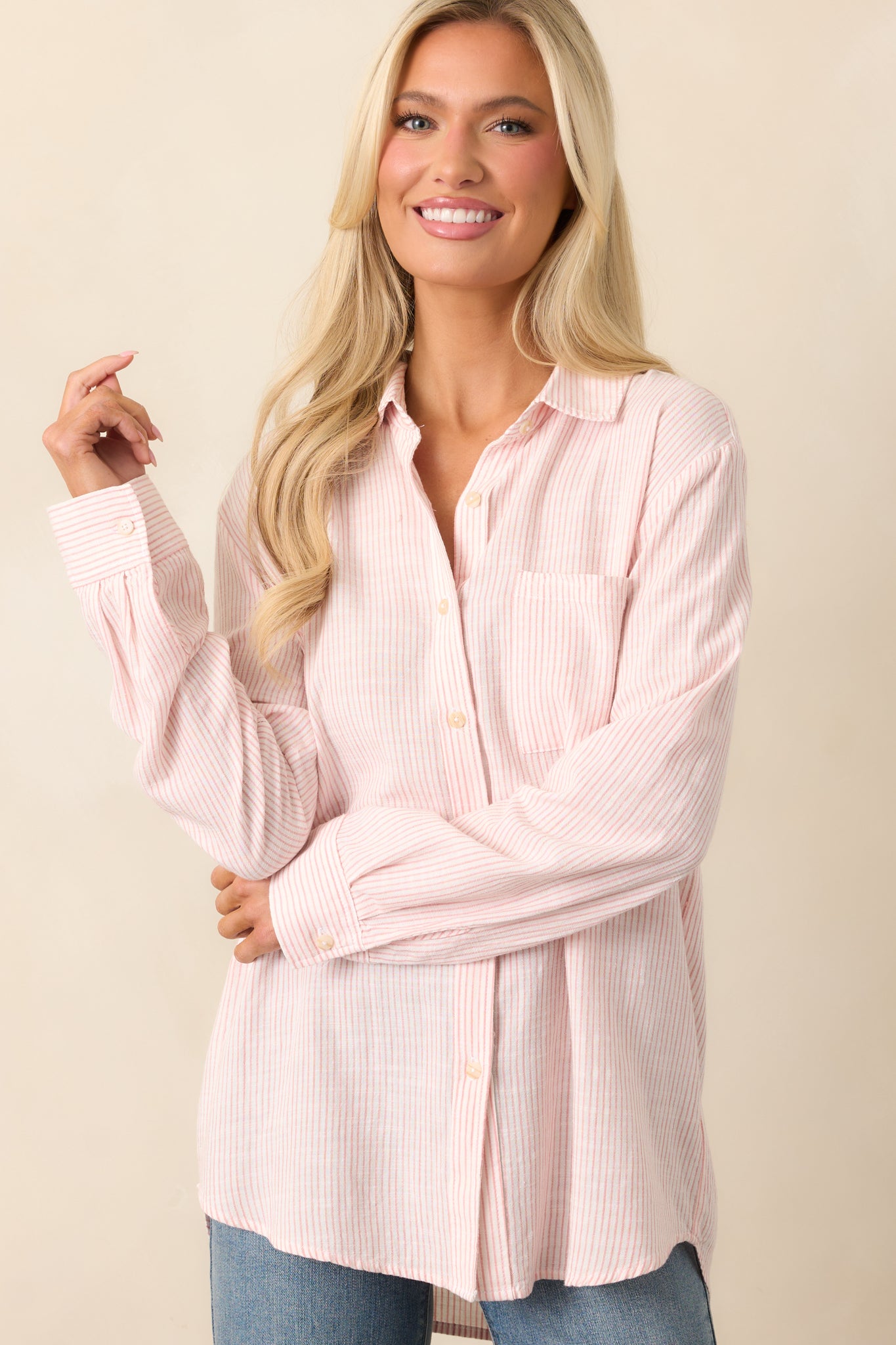 Pink Stripe Button Front Top - All Tops | Red Dress