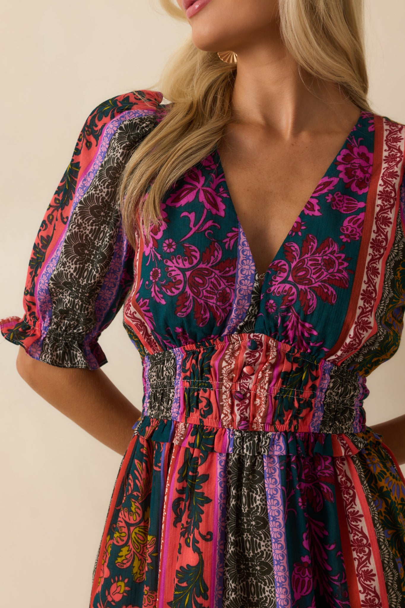 Close view of the faux button-front bodice and ruffle trim detail on the patchwork dress.