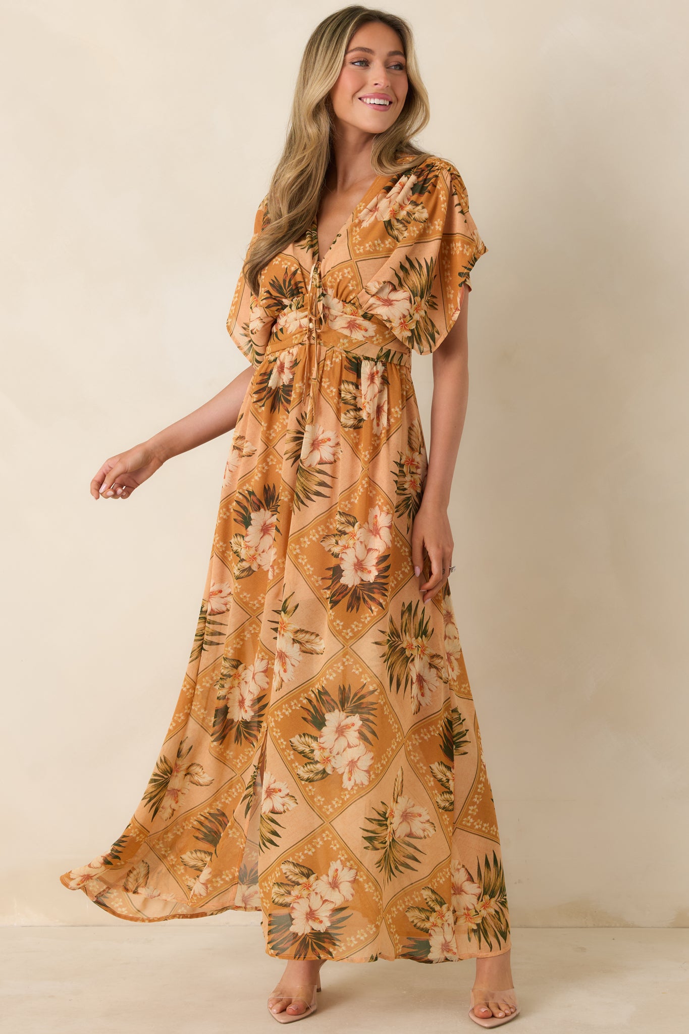 Women's Booked the Trip Peach Multi Tropical Print Maxi Dress | Color: Orange | Size: S | Red Dress Women's Booked the Trip Peach Multi Tropical Print Maxi Dress | Color: Orange | Size: S | Red Dress