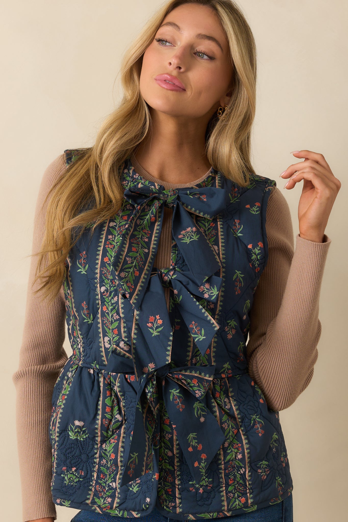 Navy Multi Floral Print Bow Front Quilted Vest - All Tops | Red Dress