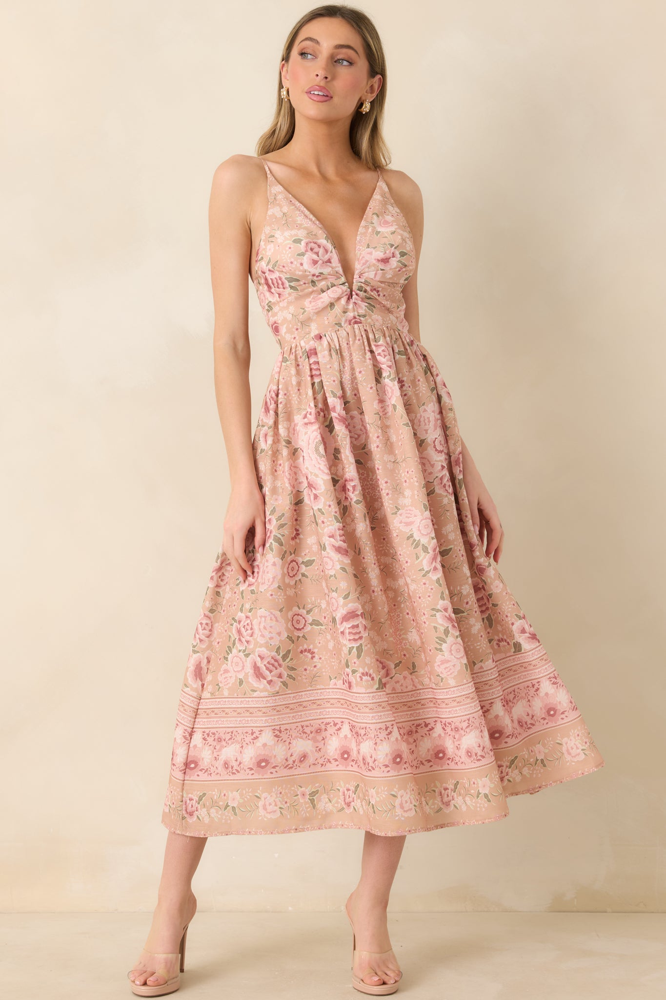 Women's Totally in Love Beige & Pink Floral Deep V-Neck Midi Dress | Size: L Women's Totally in Love Beige & Pink Floral Deep V-Neck Midi Dress | Size: L