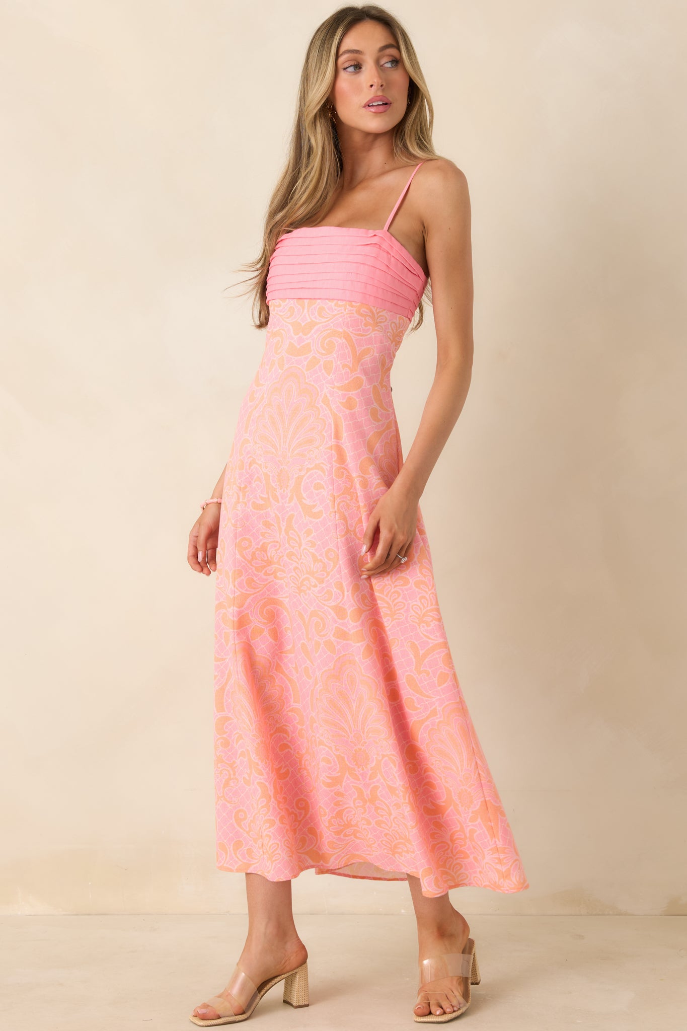 orange and pink midi dress In the Glow Pink & Orange Jacquard Pleated Bust Midi Dress