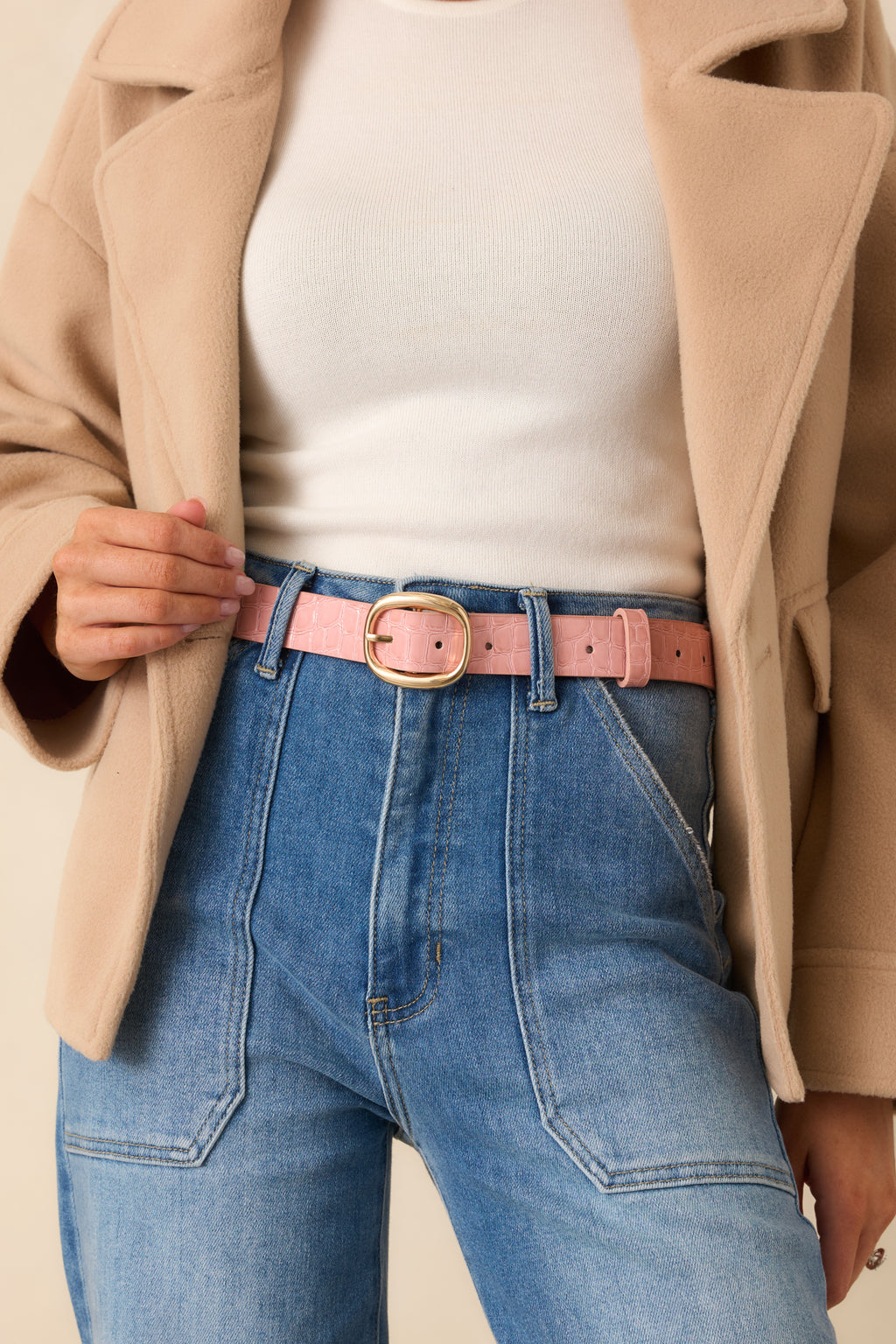 Croc embossed pink belt NicoBlu® Tinsley Leather Belt in Croc-Embossed Blush Pink main image 4