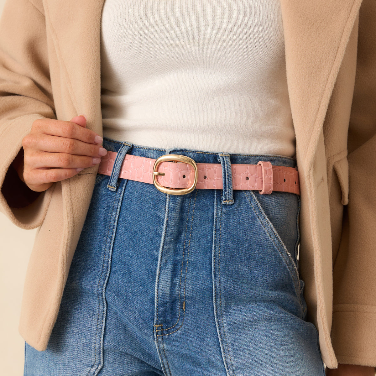 Pink Croc Embossed Faux Leather Belt - All Belts | Red Dress display picture 3