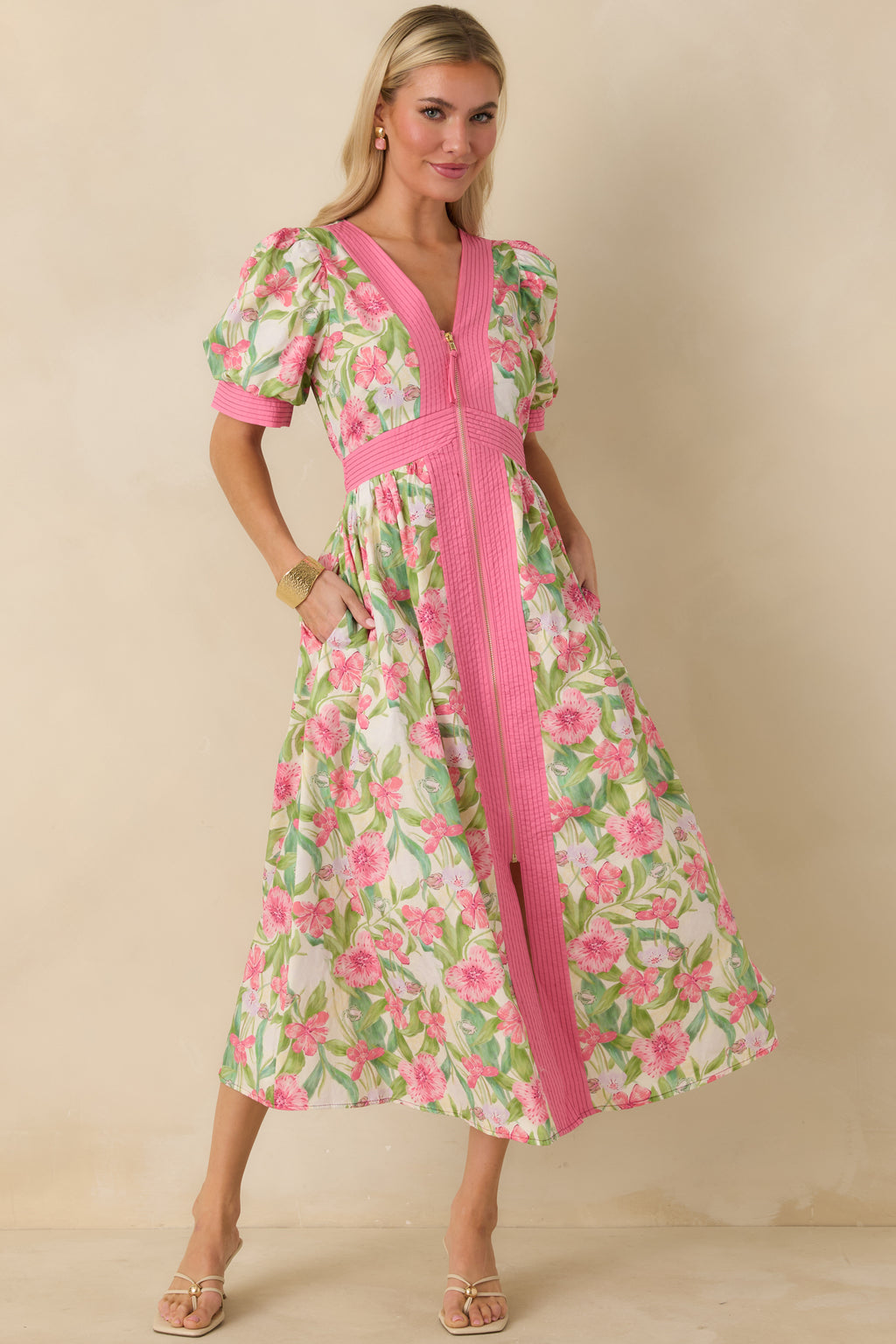 Pink Multi Floral Print Cotton Zip Front Midi Dress - All Dresses